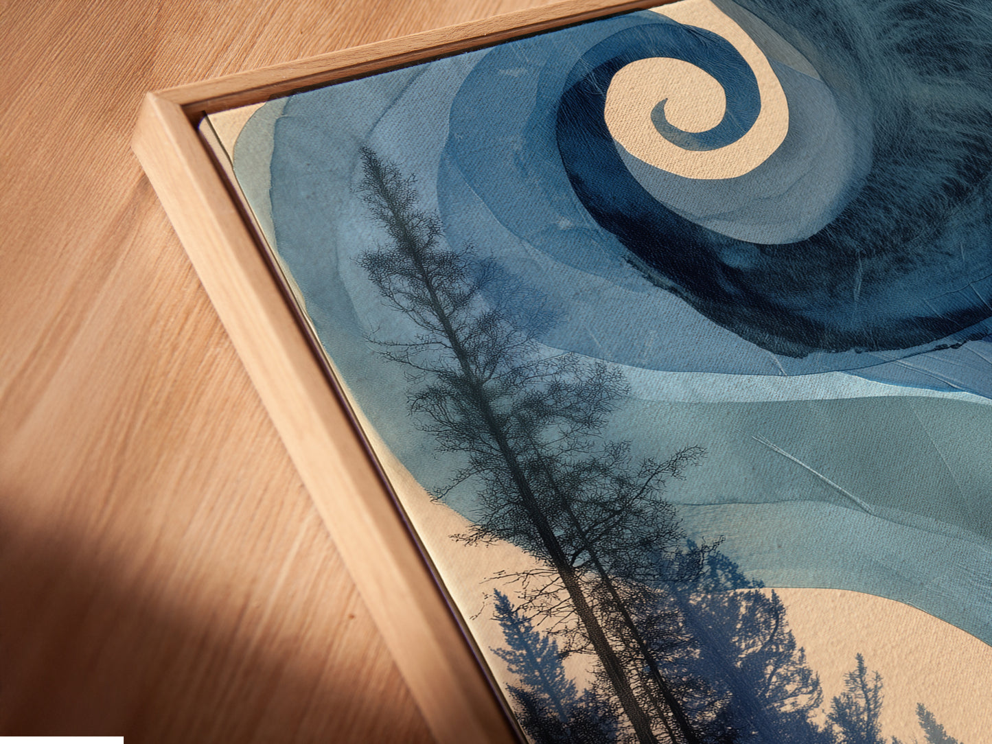 Angled close up of a canvas print in a floating frame. The artwork is a modern abstract landscape. It features a forest fire with smoky mountains. This nature lover gift is great for cafรฉs and clinics.