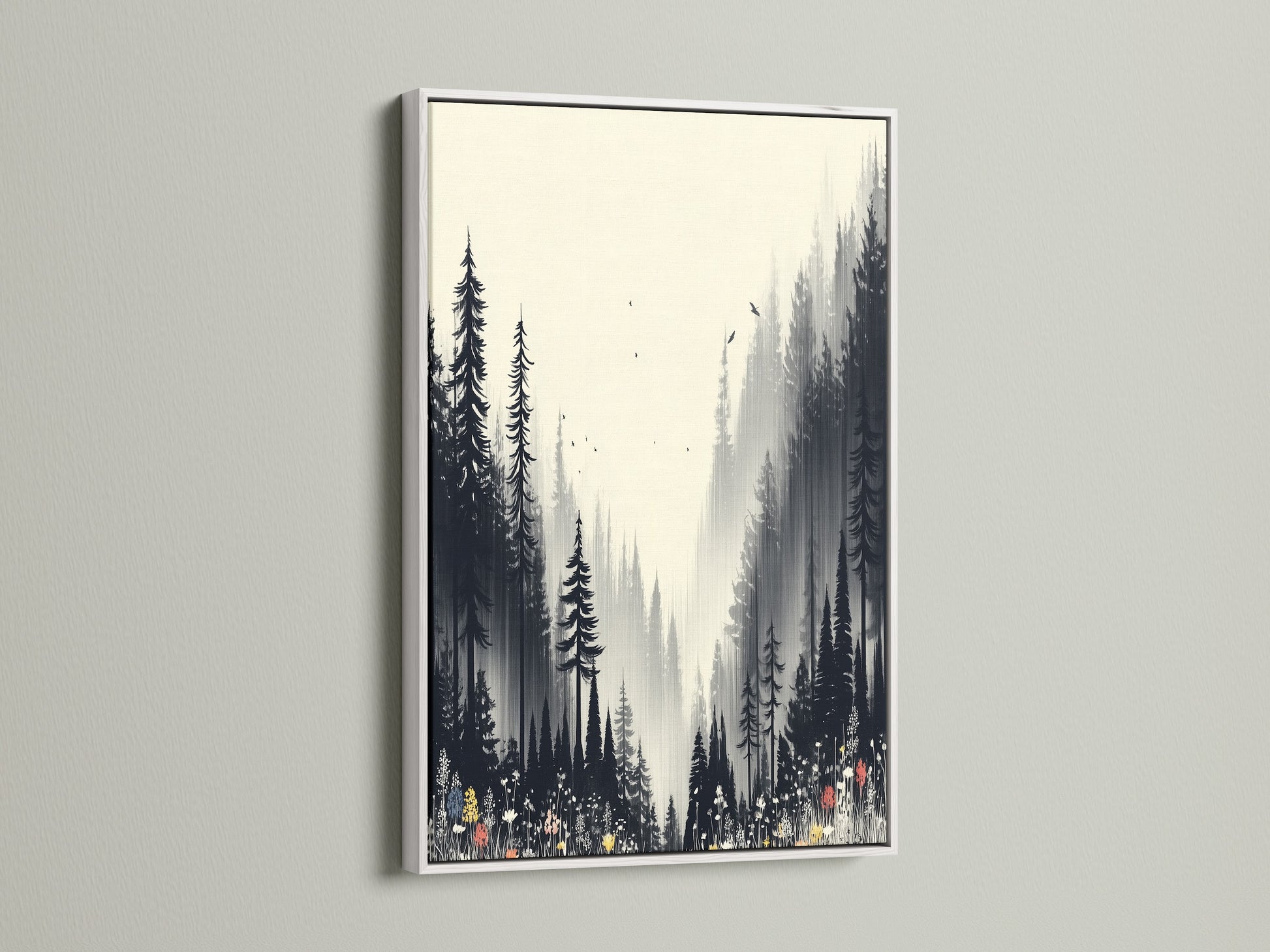 Monochrome forest wall art presented in a white frame. The misty forest scene enhances any room's aesthetic. This nature print adds a touch of elegance. It's perfect for bedroom decor or hallway prints. Explore black and white artwork.