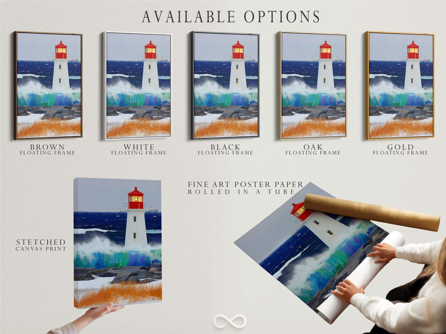 Available options for lighthouse artwork. Choose from stretched canvas prints fine art poster paper or floating frames. Customize your artwork to match your style. Nautical decor for beach houses and coastal homes. Seascape art.