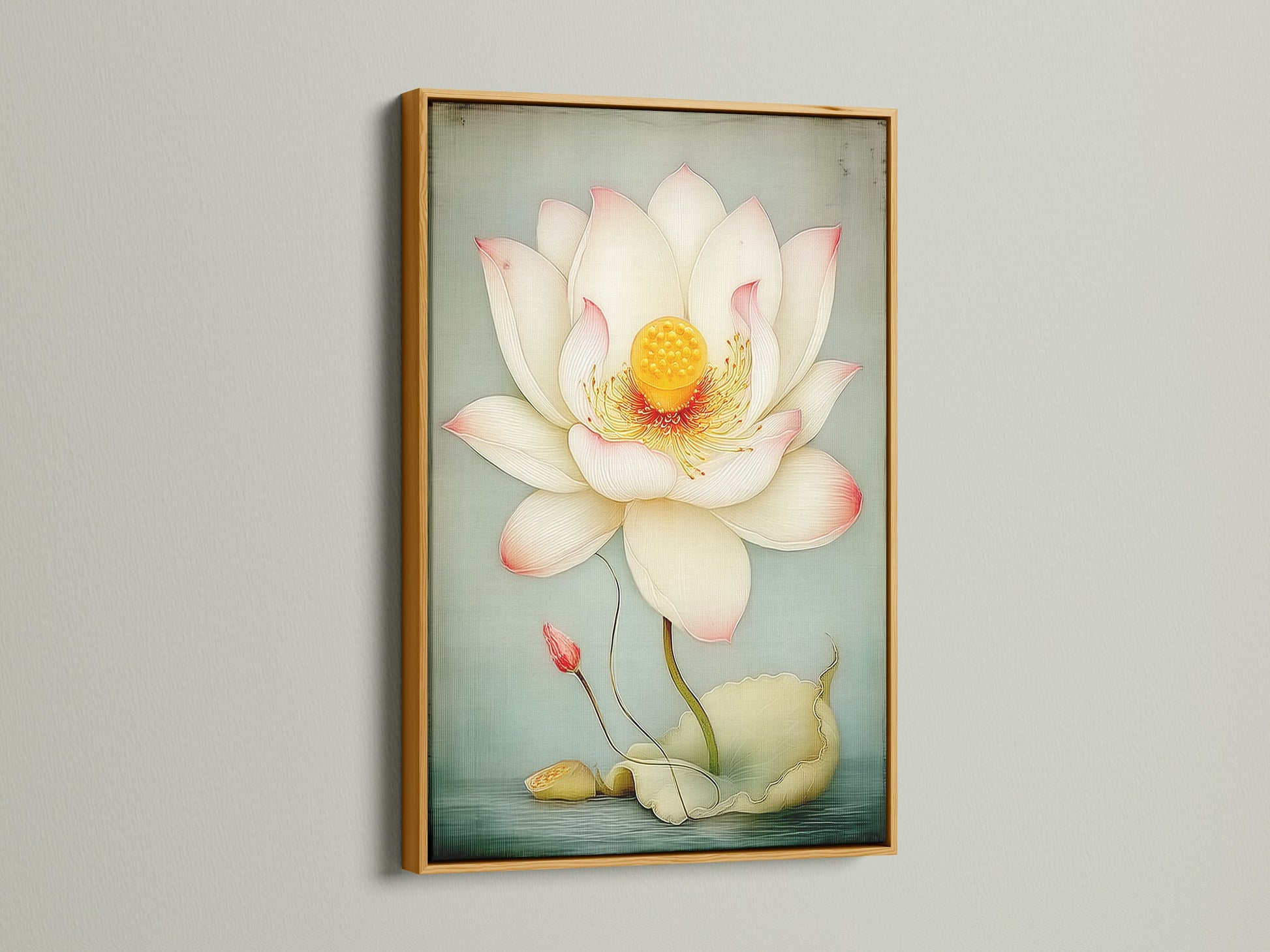 Here is the Lotus Flower artwork in a gold frame. This floral blossom artwork exudes elegance. The gold frame enhances the artwork's beauty. Perfect for adding a luxurious touch to your spa or clinic. It is great for healing centers and lobbies.