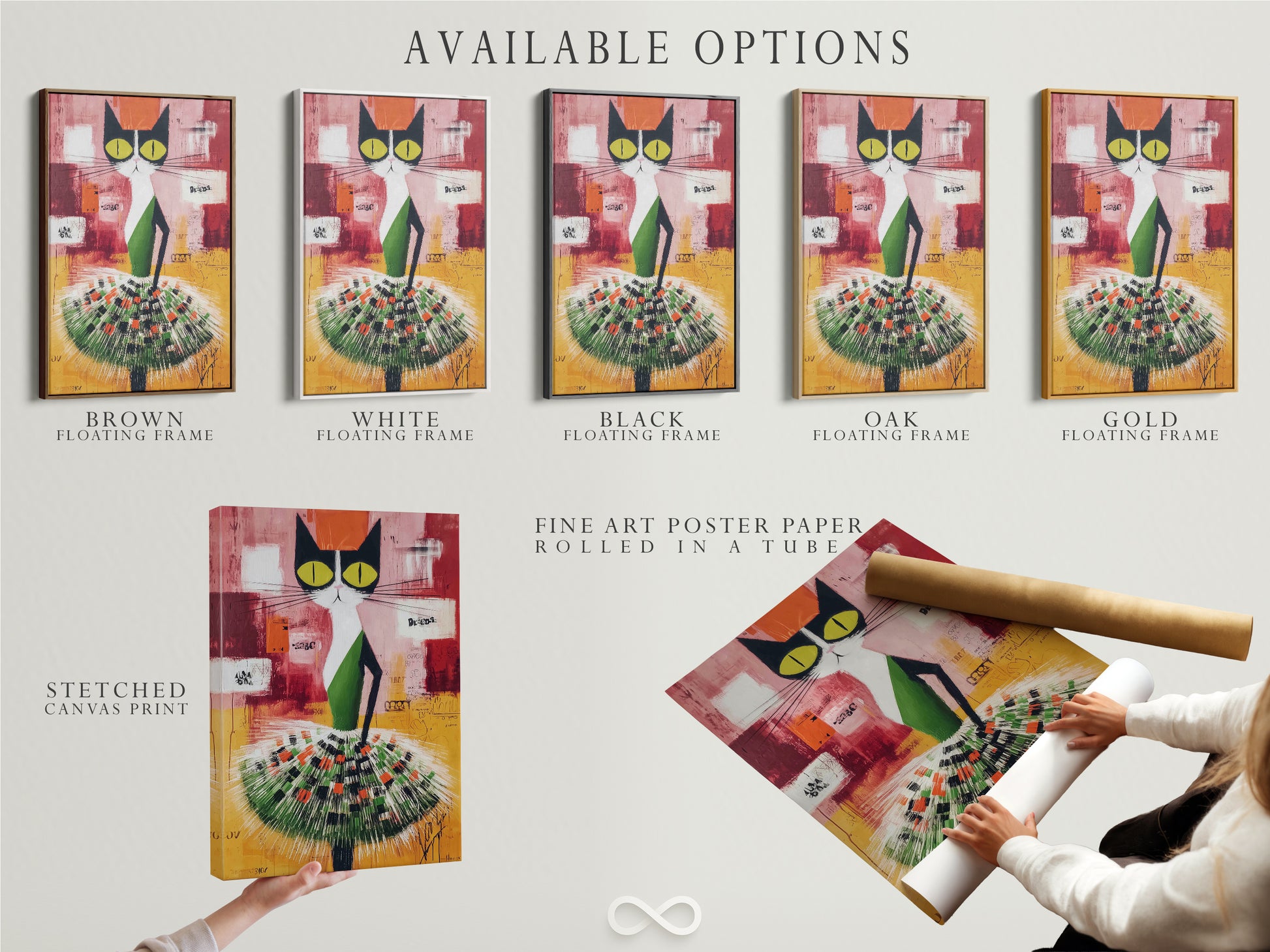 Explore available options for Abstract Cat art. Choose from stretched canvas prints fine art poster paper or floating frames. This colorful animal artwork is perfect for kids' rooms. The modern folk art style adds a unique touch.