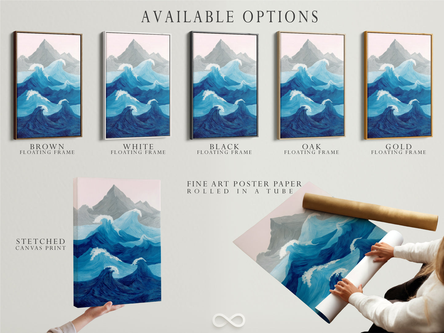 This photo showcases available options for the artwork. Options include stretched canvas prints. Fine art poster paper and floating frames are also available. The artwork features abstract ocean waves and mountains. The variety of options allows for customization. It ensures the perfect piece for any taste. Choose the option that best suits your style