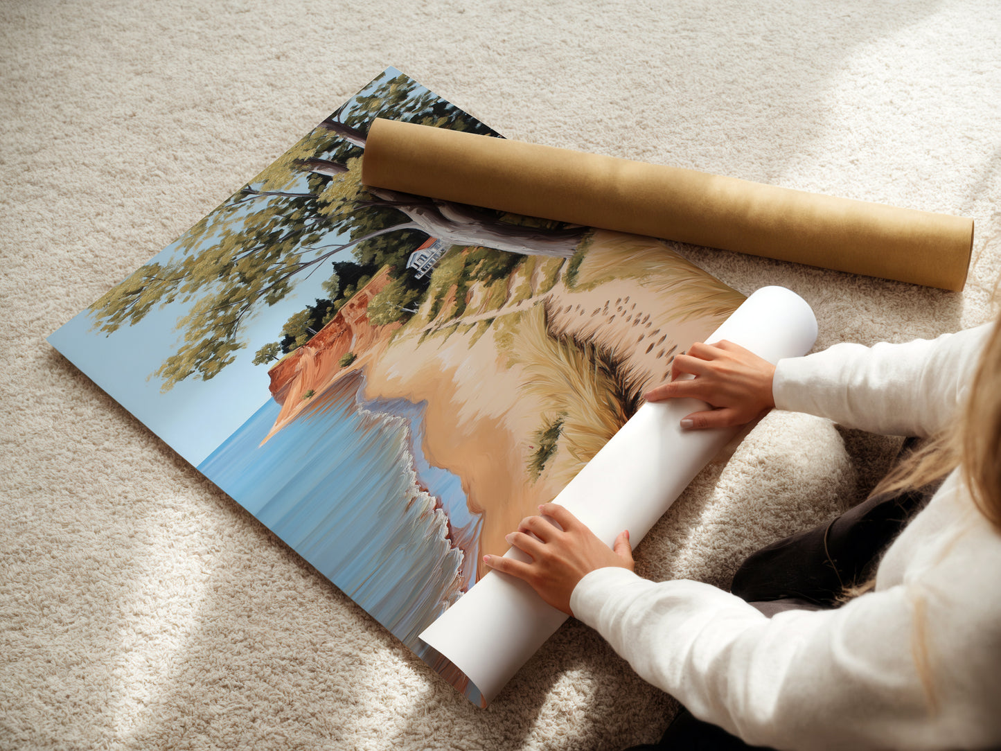 A woman rolling a fine art poster paper of a Coastal Beach Artwork. This serene ocean view print captures a sandy shoreline. Ideal for coastal cottage decor. Bring the calming essence of the coast to your living room or bedroom with this beautiful piece.