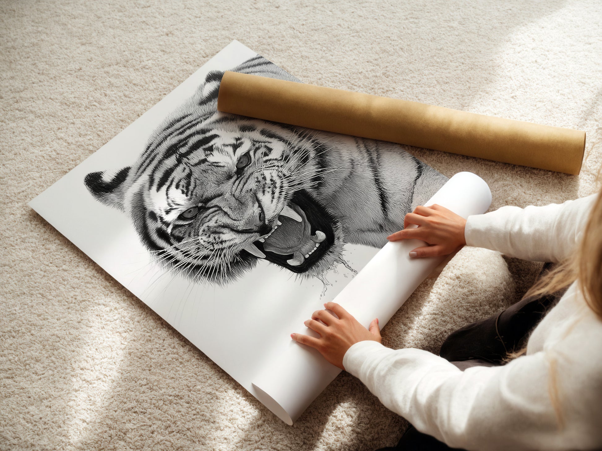 A woman is carefully rolling a fine art poster paper. The high quality paper ensures vibrant colors. It also ensures lasting artwork. This attention to detail guarantees a pristine art piece. The poster paper is perfect for detailed prints. It offers a professional finish.
