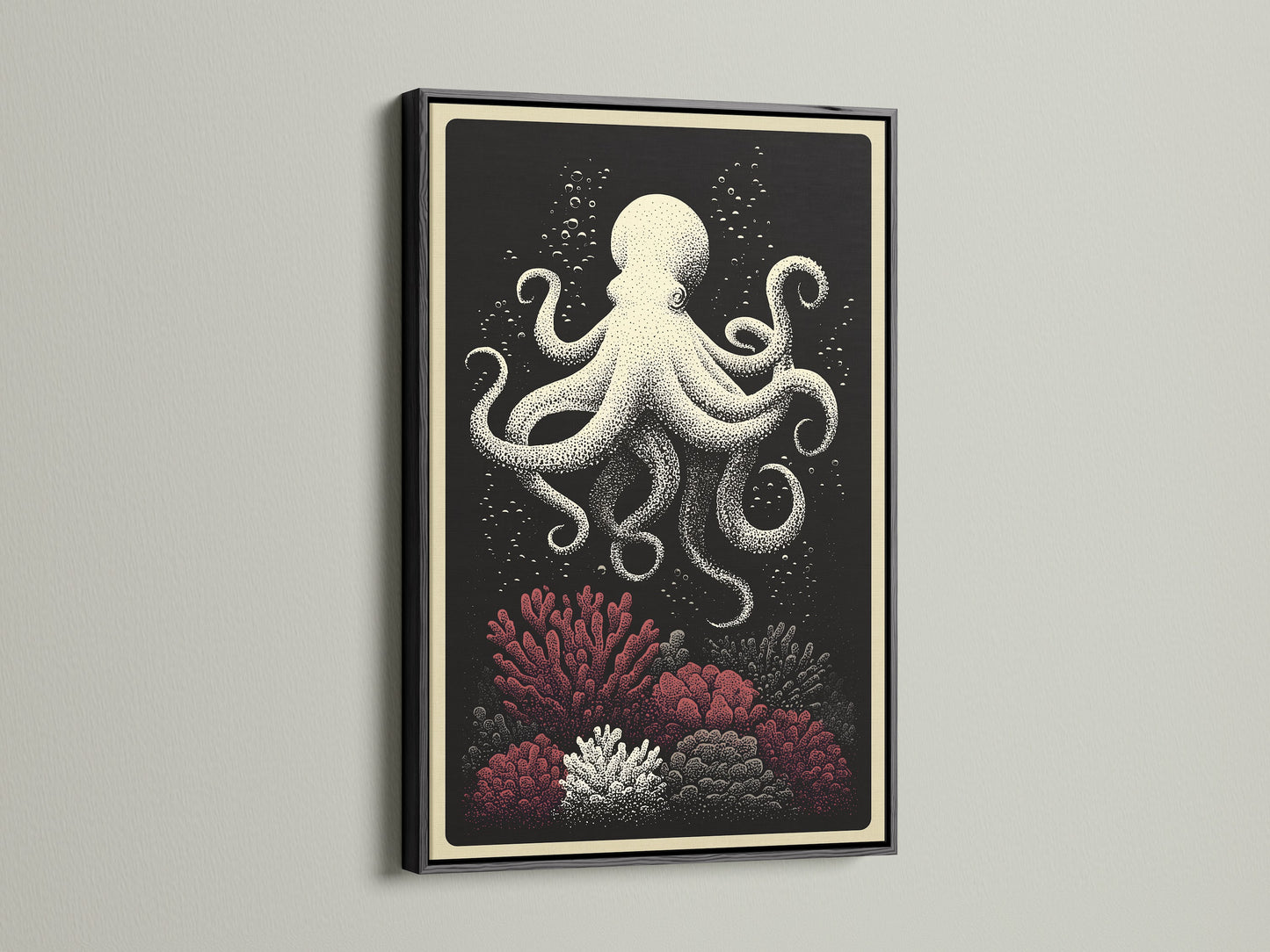 Black Frame art print. This octopus canvas print is nautical wall art. This art features coral reef art for coastal home decor. The black frame provides a bold contrast. Add some ocean creature artwork to your walls.