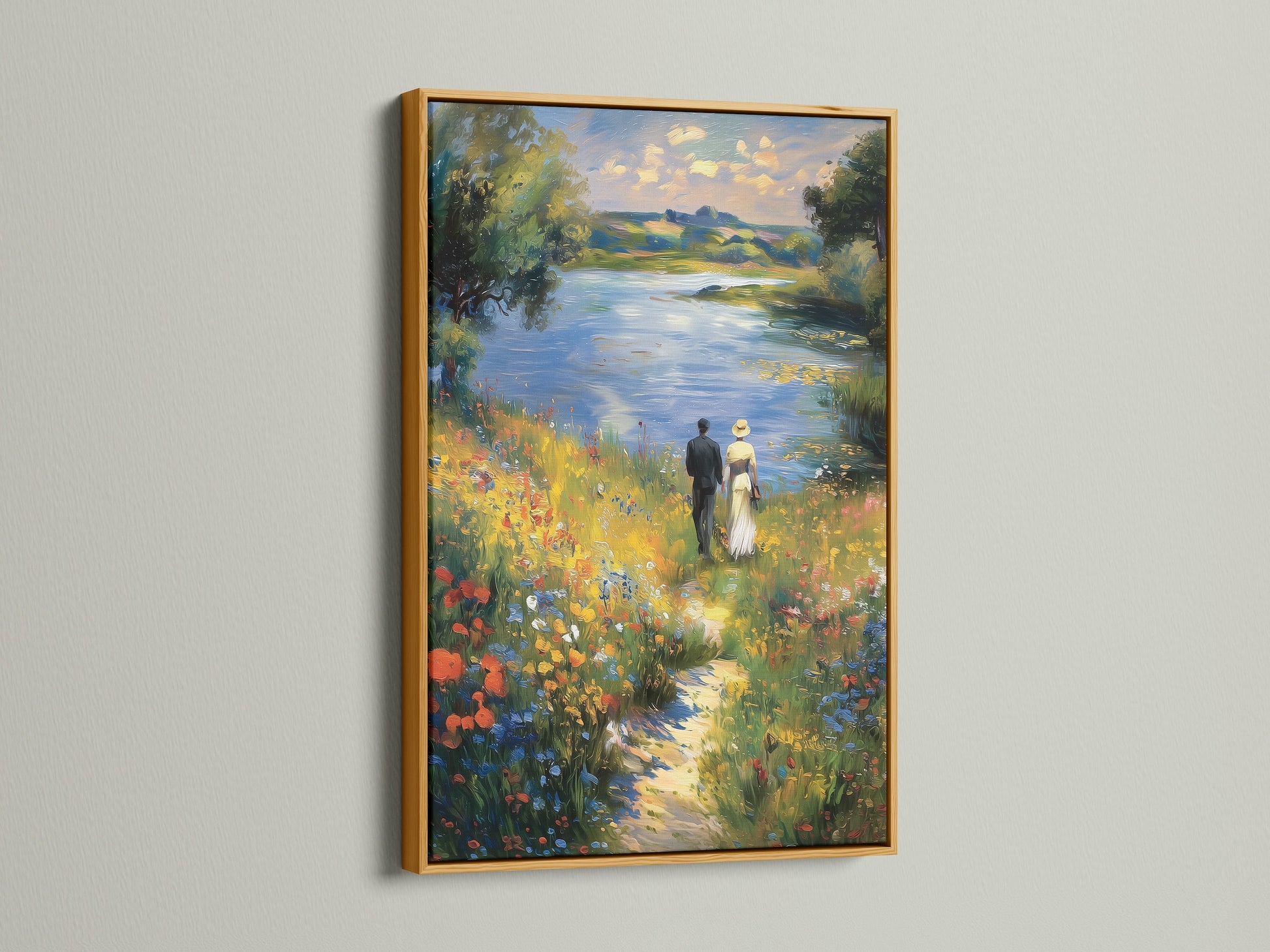 Artwork in a gold frame. The gold frame brings a touch of elegance. This frame is perfect for classic art pieces. It adds warmth and richness to the artwork. A luxurious choice for any art lover.