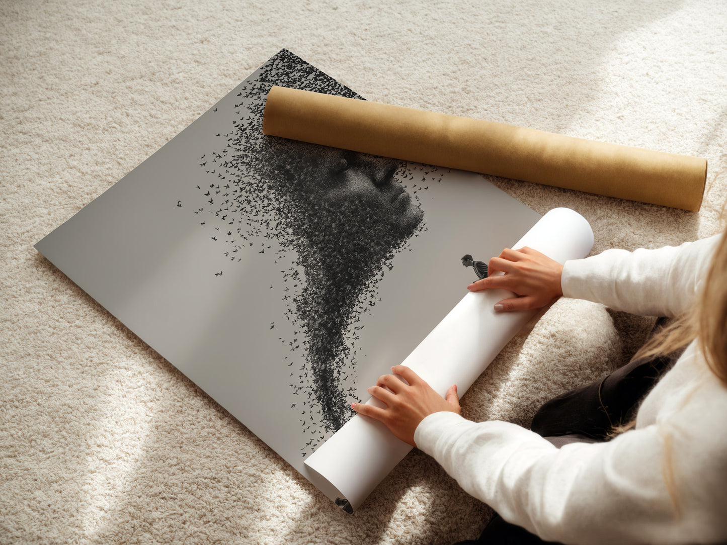 A woman is carefully rolling a fine art poster paper. The poster is high-quality. It ensures vibrant colors and sharp details. Proper handling is essential to preserve the artwork. Fine art poster paper is perfect for creating stunning prints. Learn more about our fine art paper options.