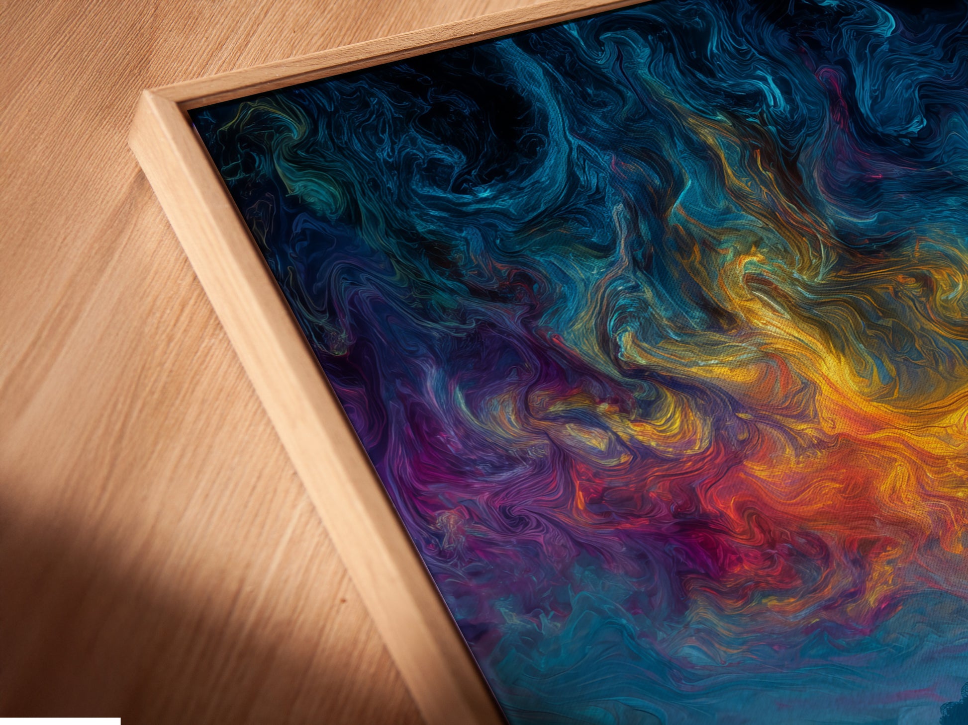 Angled close up of a canvas print in a floating frame. The surreal cityscape features a vibrant swirling sky. This colorful wall art is perfect for bedroom wall decor. This abstract waterscape makes a great gift.