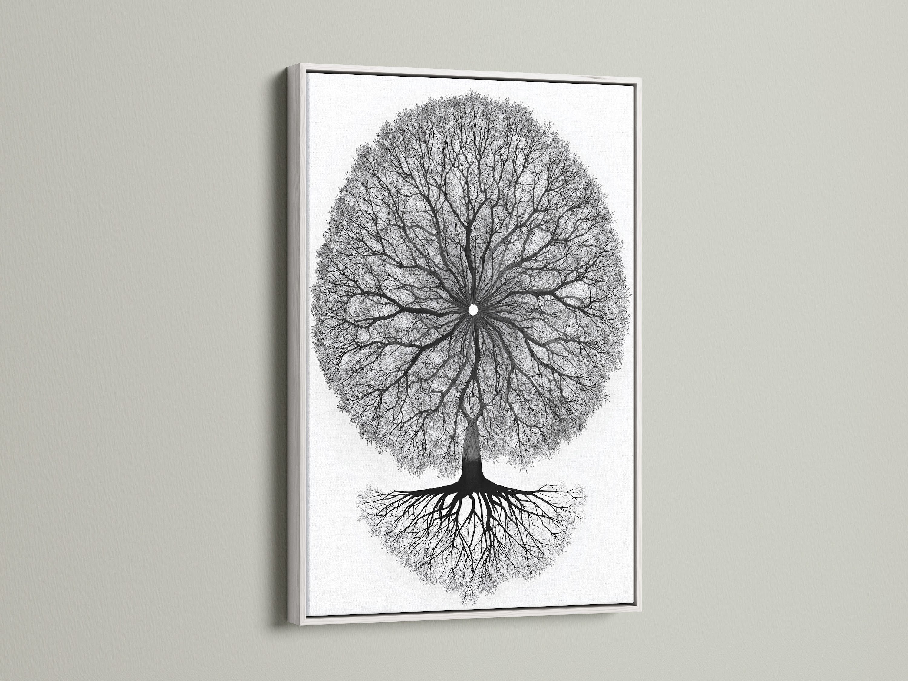Tree of Life artwork with a white frame. This zen wall art brings nature indoors. The black and white art creates a calming atmosphere. Enhance your bedroom with this symbolic artwork. It is perfect for boho wall decor.