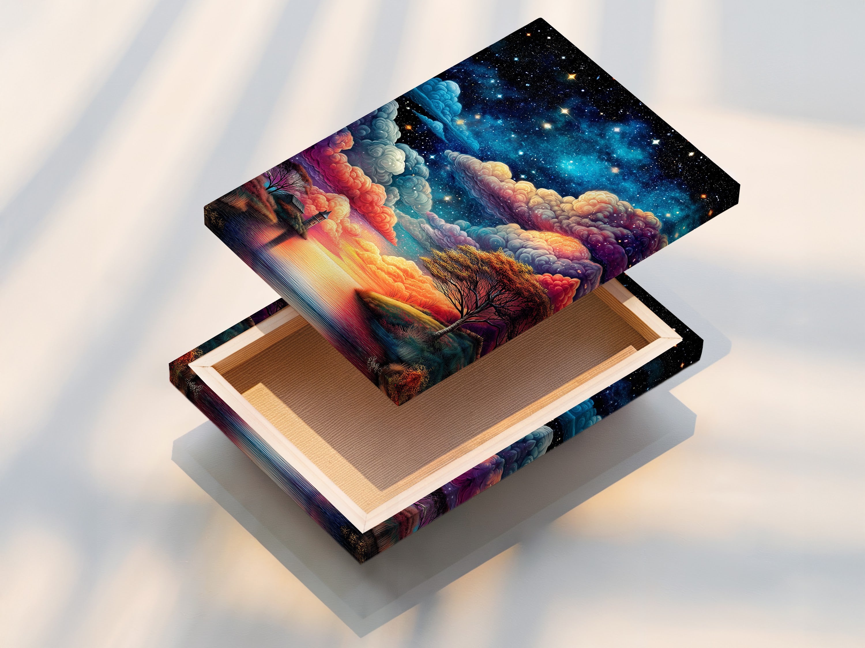 A stretched canvas print of the Starry Night artwork. The celestial sky and lake landscape create a dreamy and modern piece. This canvas art is ready to hang and will transform any room. Perfect for minimalist styles