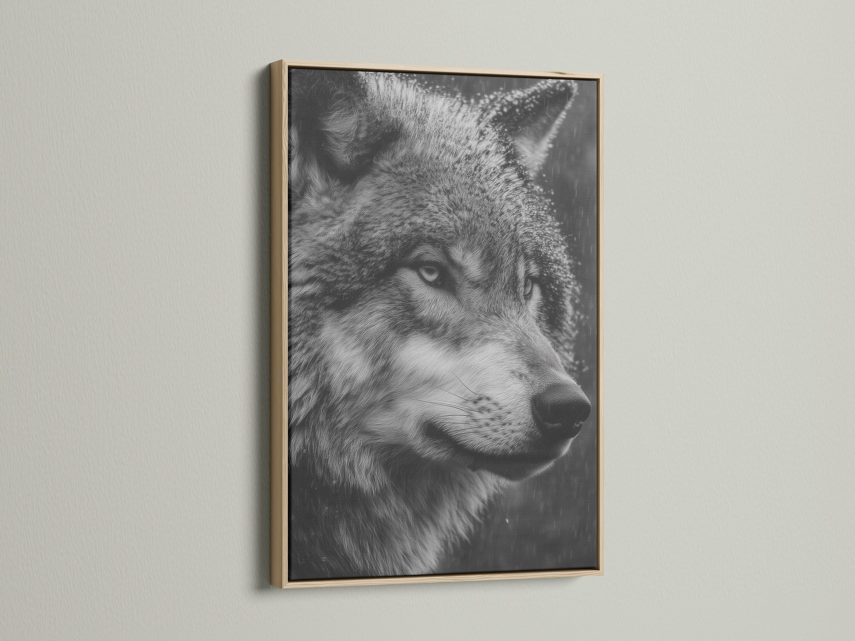 A striking wolf portrait canvas print displayed in an oak frame. The black and white wildlife art adds a touch of nature to any room. Perfect for rustic modern or minimalist interiors. Discover the beauty of animal artwork.