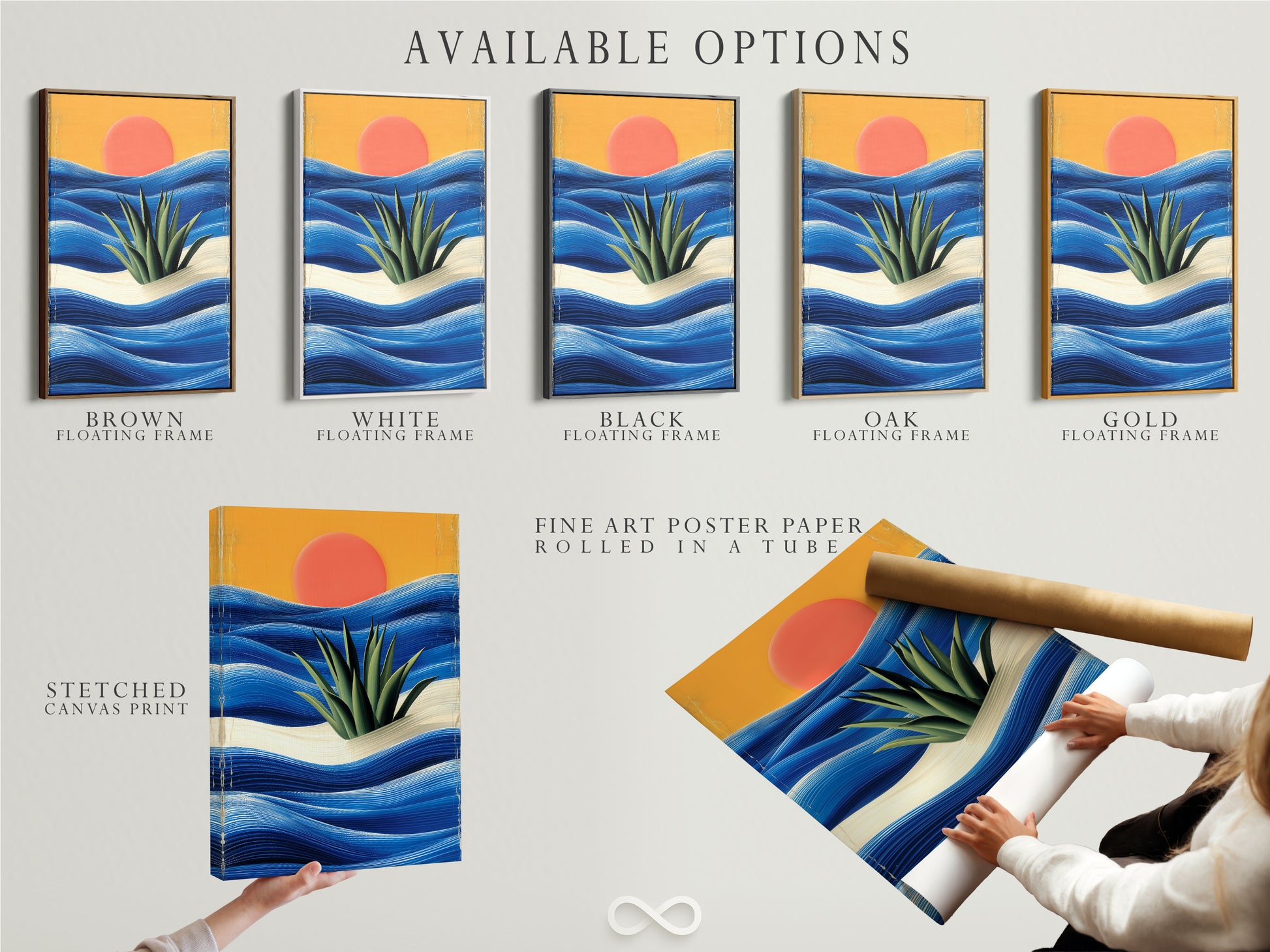 Available options: stretched canvas print fine art poster paper and floating frame. Choose the perfect medium for your coastal sunset artwork. Customize your space with beautiful art.