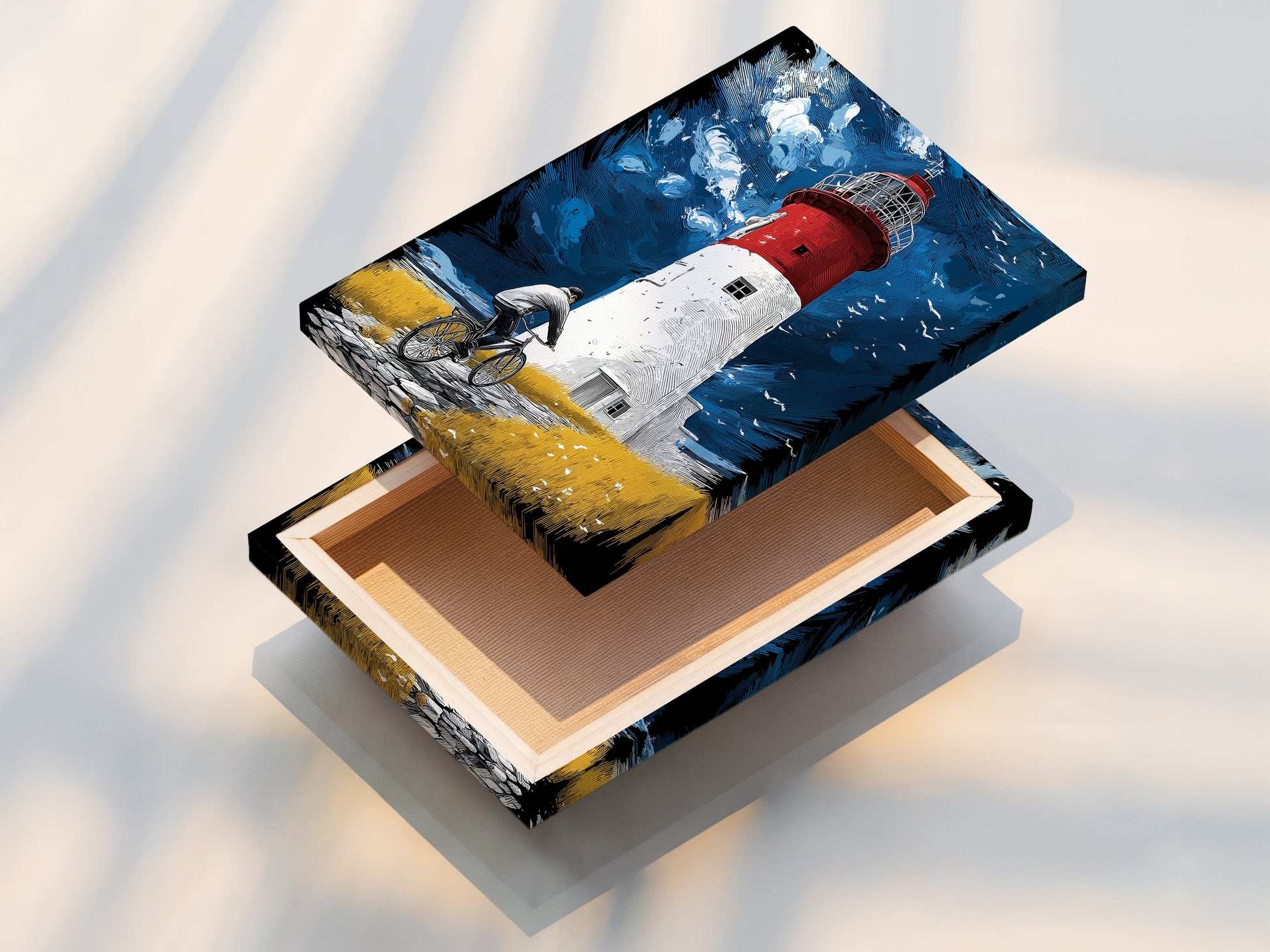 The stretched canvas print displays vibrant coastal artwork. The canvas print is ready to hang and enjoy. The stretched canvas ensures your nautical artwork maintains its shape and clarity.