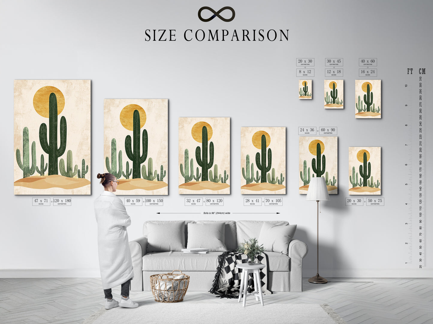 This is a size comparison chart of the desert landscape artwork in an interior. The chart helps visualize the artwork's dimensions. See how it will look in your living space. This artwork will transform your living space. Determine the perfect size for your home.