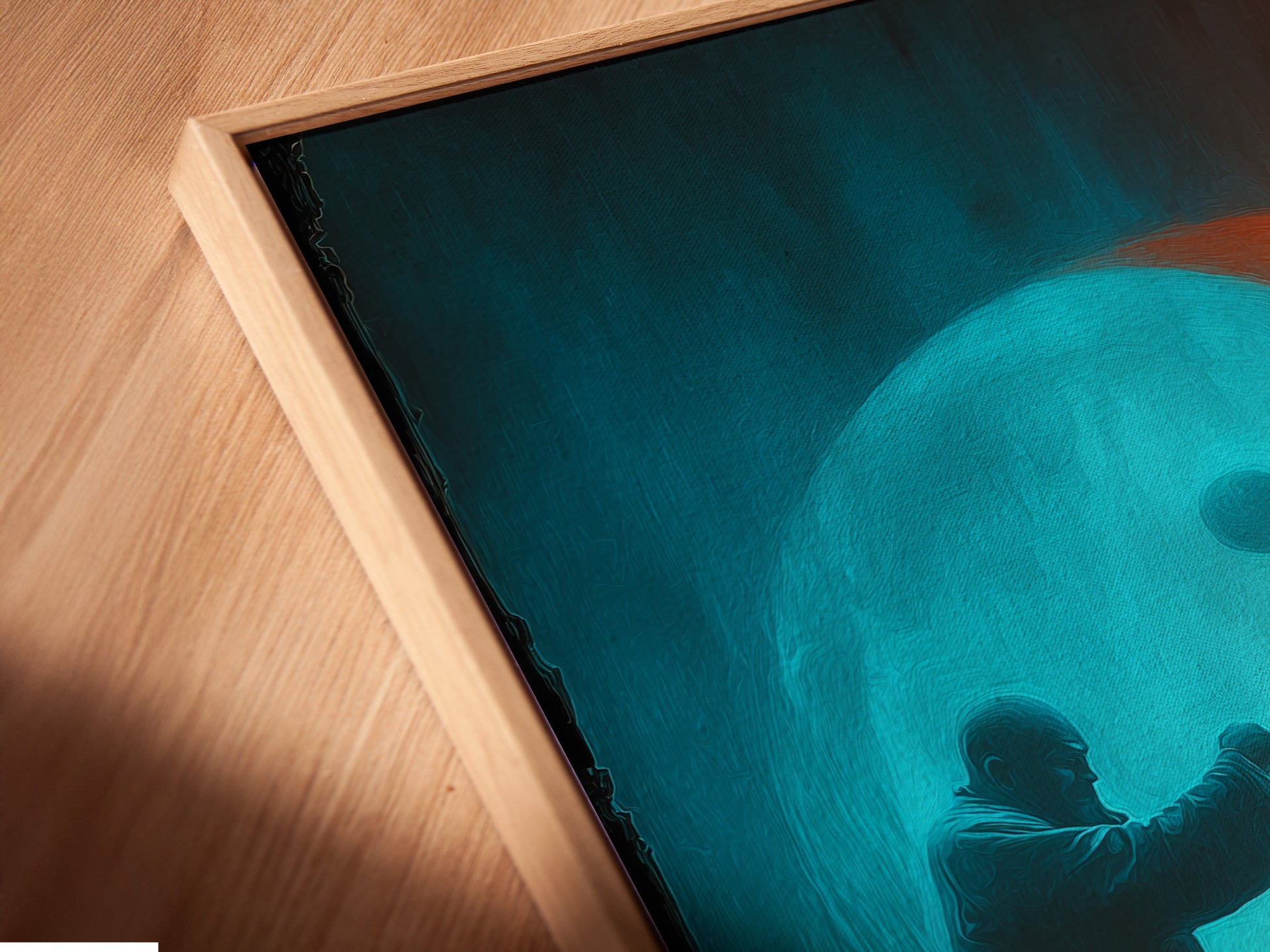 A close-up angled view of a canvas print in a floating frame. The art seems to hover within the frame. This creates a visually striking display. Perfect for modern art pieces. Explore floating frame options.