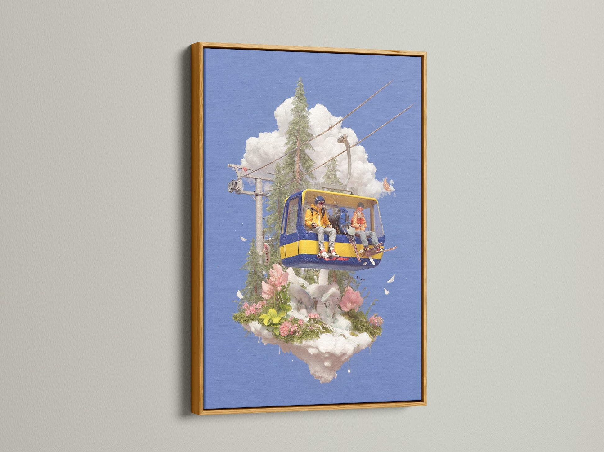 The Ski Lift Adventure artwork is presented in a gold frame. This alpine mountain wall decor brings a whimsical touch. This skiing print is perfect for a kids room or playroom. The winter sports art and cable car print make it ideal for ski lodge decor.