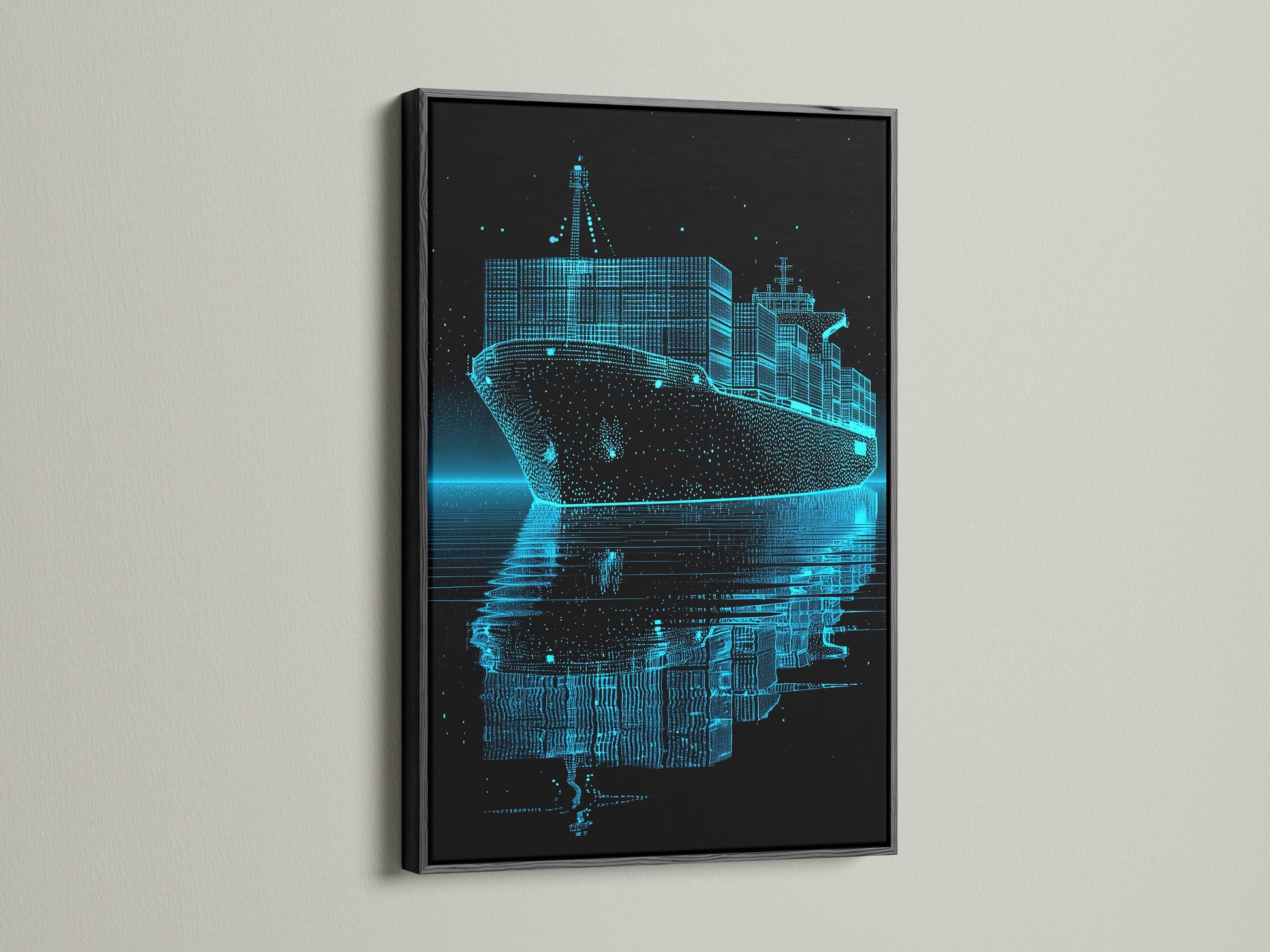 Artwork featuring a container ship with a captivating light blue line art effect. The artwork is encased in a classic black frame. The black frame adds a bold and sophisticated touch. It enhances the artwork's contrast and creates a visually striking display on the wall.