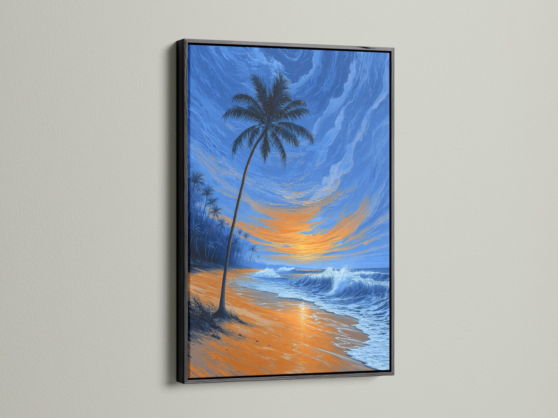Tropical beach art featuring a palm tree at sunset. The artwork is framed in a sleek black frame. Ocean waves are a beautiful part of this coastal wall decor. This art adds sophistication. Perfect for modern homes or nautical themes enhancing any room.