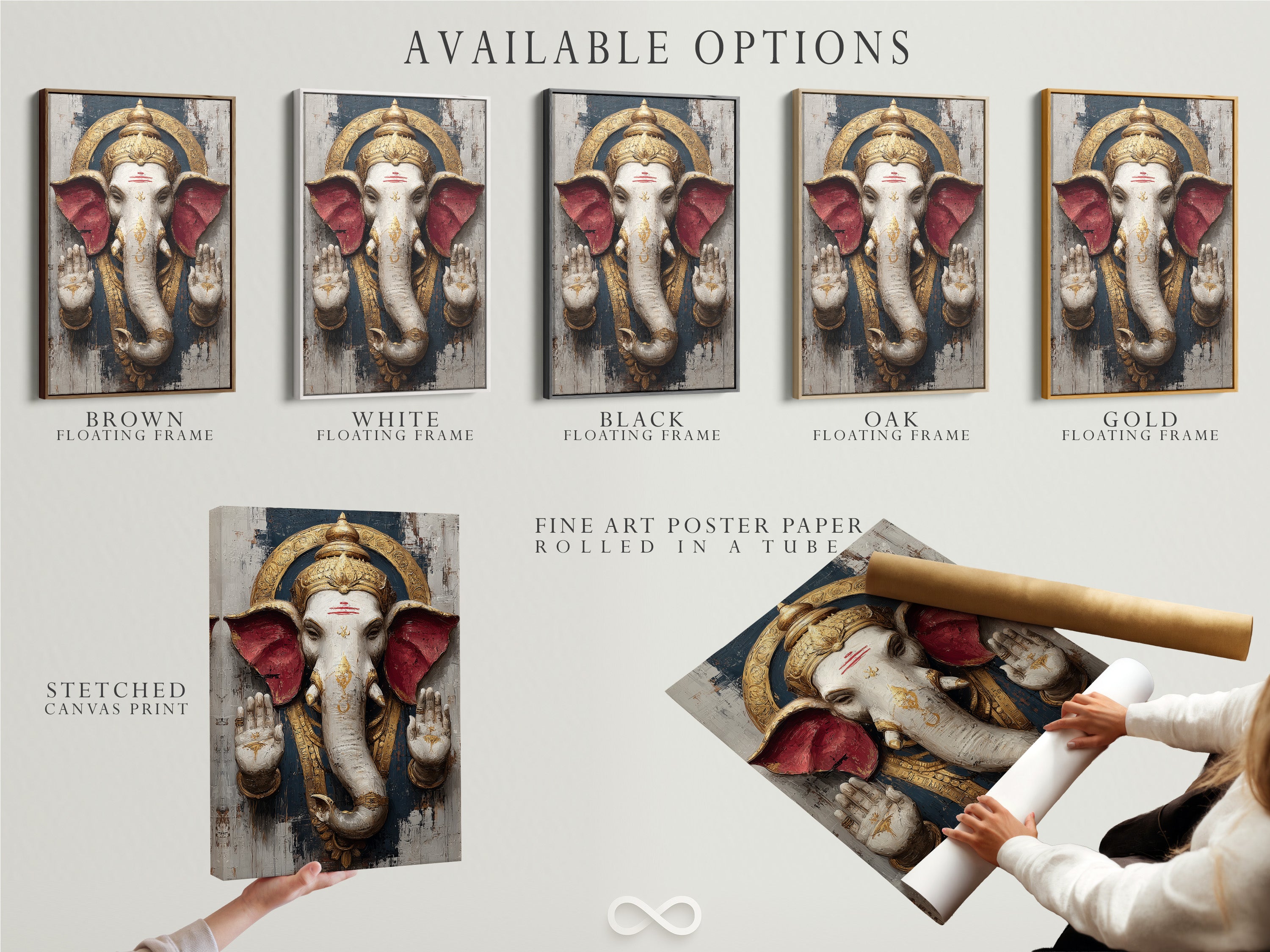 Available options for Ganesha Wall Art are shown. These include stretched canvas prints fine art poster paper and floating frames. This Hindu Elephant God art enhances spiritual bohemian decor. Perfect for meditation rooms and yoga studios.