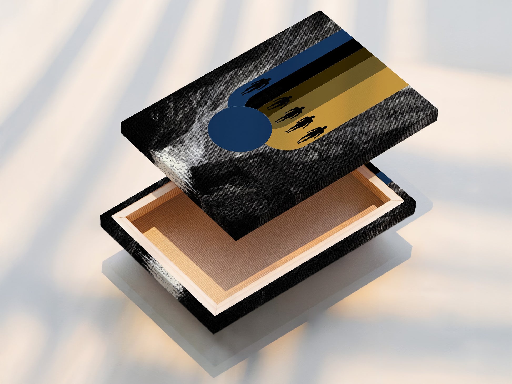 Close up of a stretched canvas print. The artwork is an abstract figure art piece. This highlights the texture and detail of the canvas. An excellent choice for modern wall decor and contemporary art.