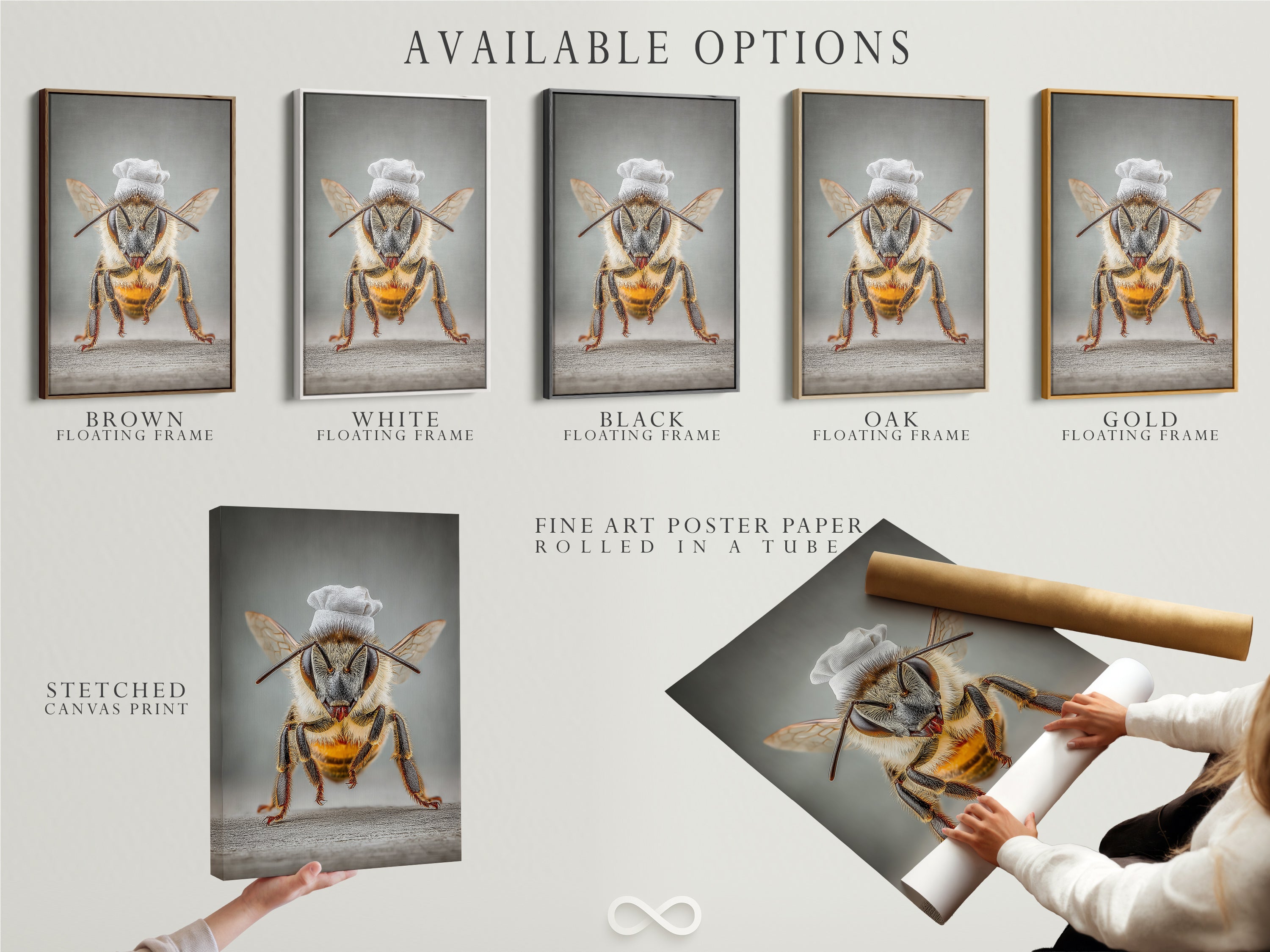 Available options for Chef Bee artwork. These include stretched canvas prints fine art poster paper and floating frames. Choose the perfect medium for this quirky kitchen decor. Get whimsical insect artwork tailored to your style.