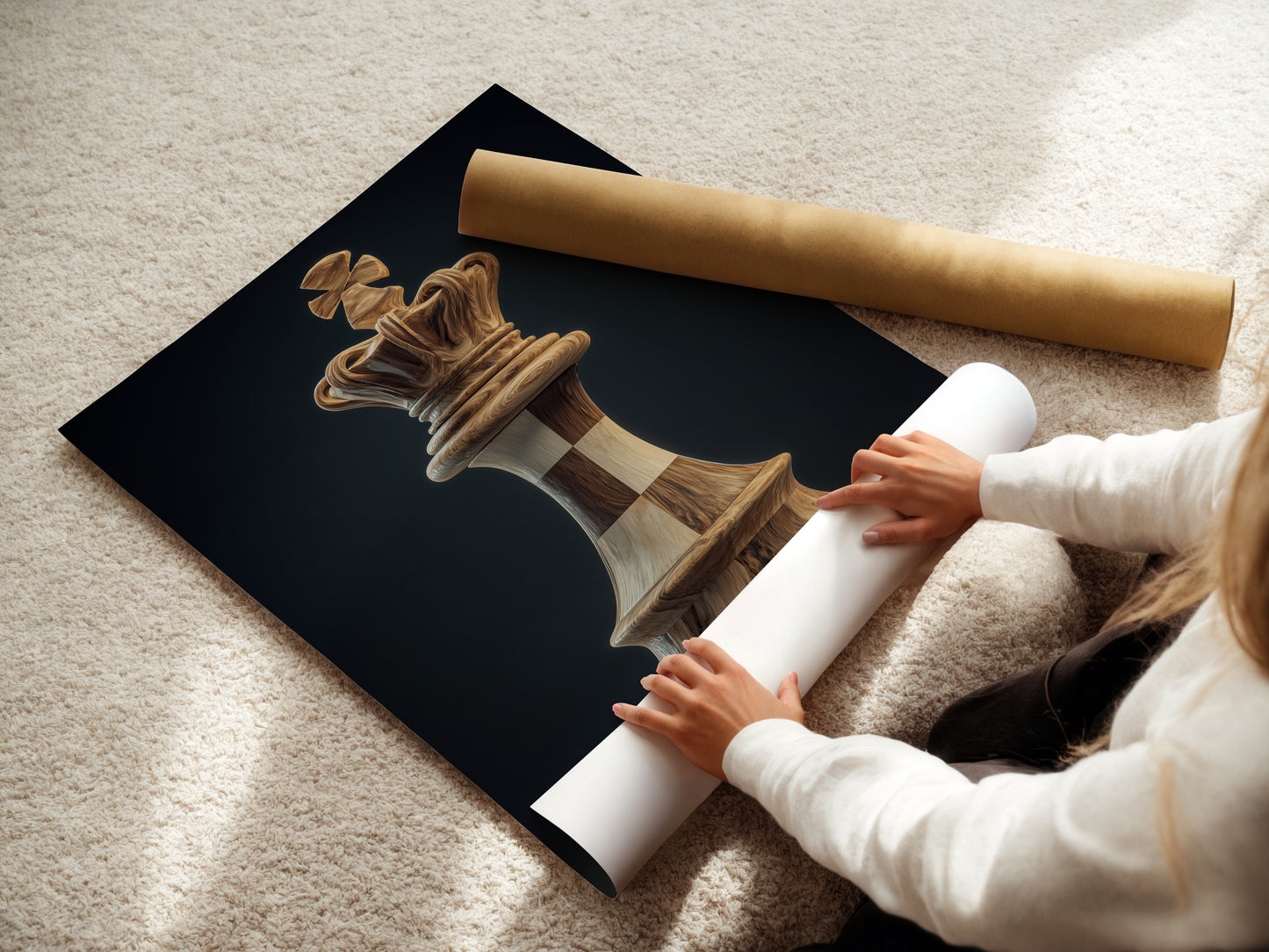 A woman is carefully rolling a fine art poster paper. The process ensures the artwork remains pristine. High-quality materials guarantee a long-lasting piece. Perfect for art enthusiasts who value preservation. Exceptional art and care for your artwork.