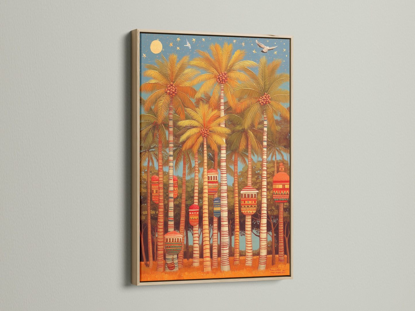 Palm Trees tropical artwork displayed in an oak frame. This vintage art adds a touch of the Caribbean to your home. A beautiful tropical print with beach house vibes.