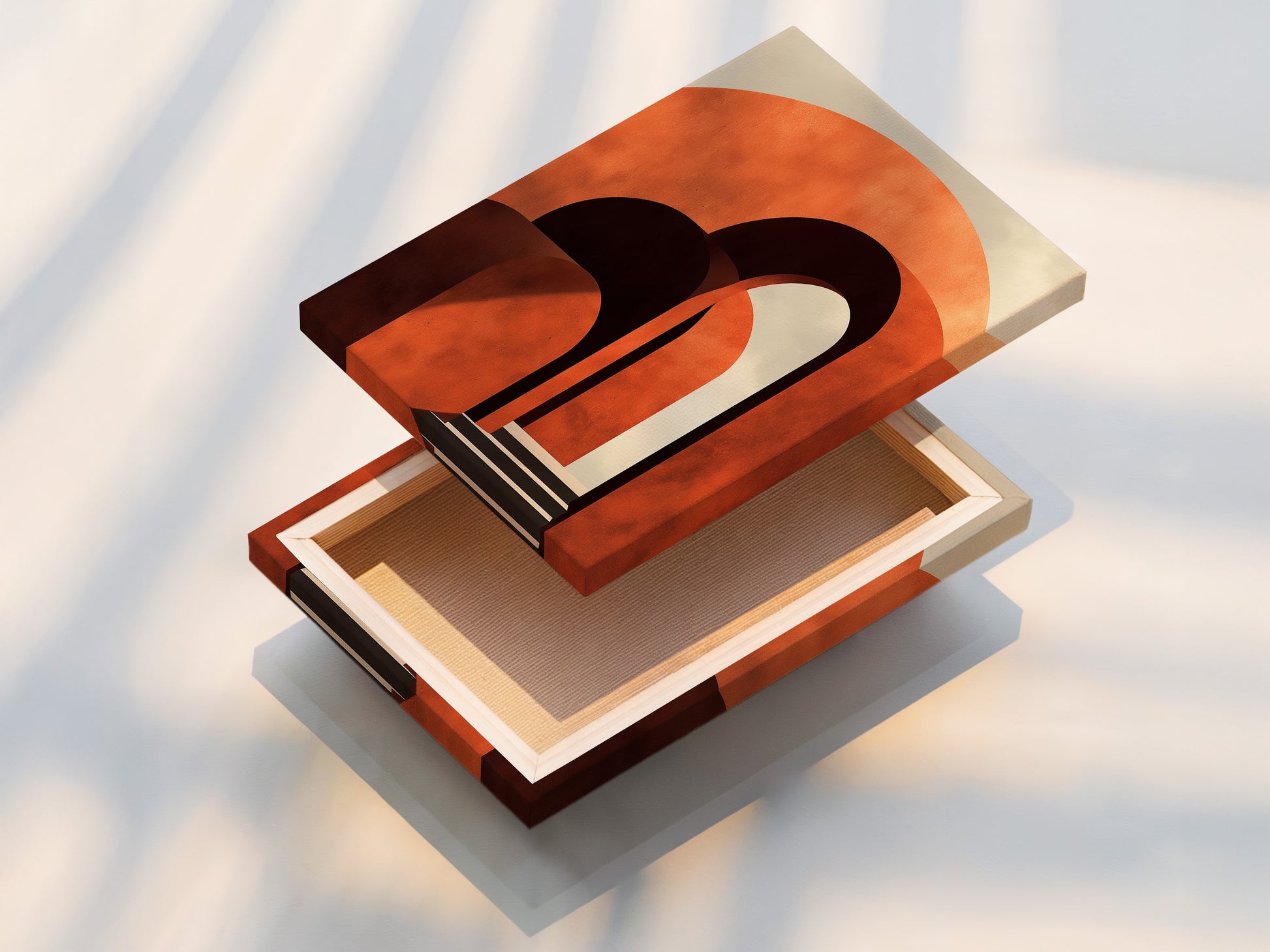 A stretched canvas print showcases artwork with terracotta arches. The canvas texture enhances the visual depth. This stretched canvas is ready to hang. It brings art to life with a professional touch.