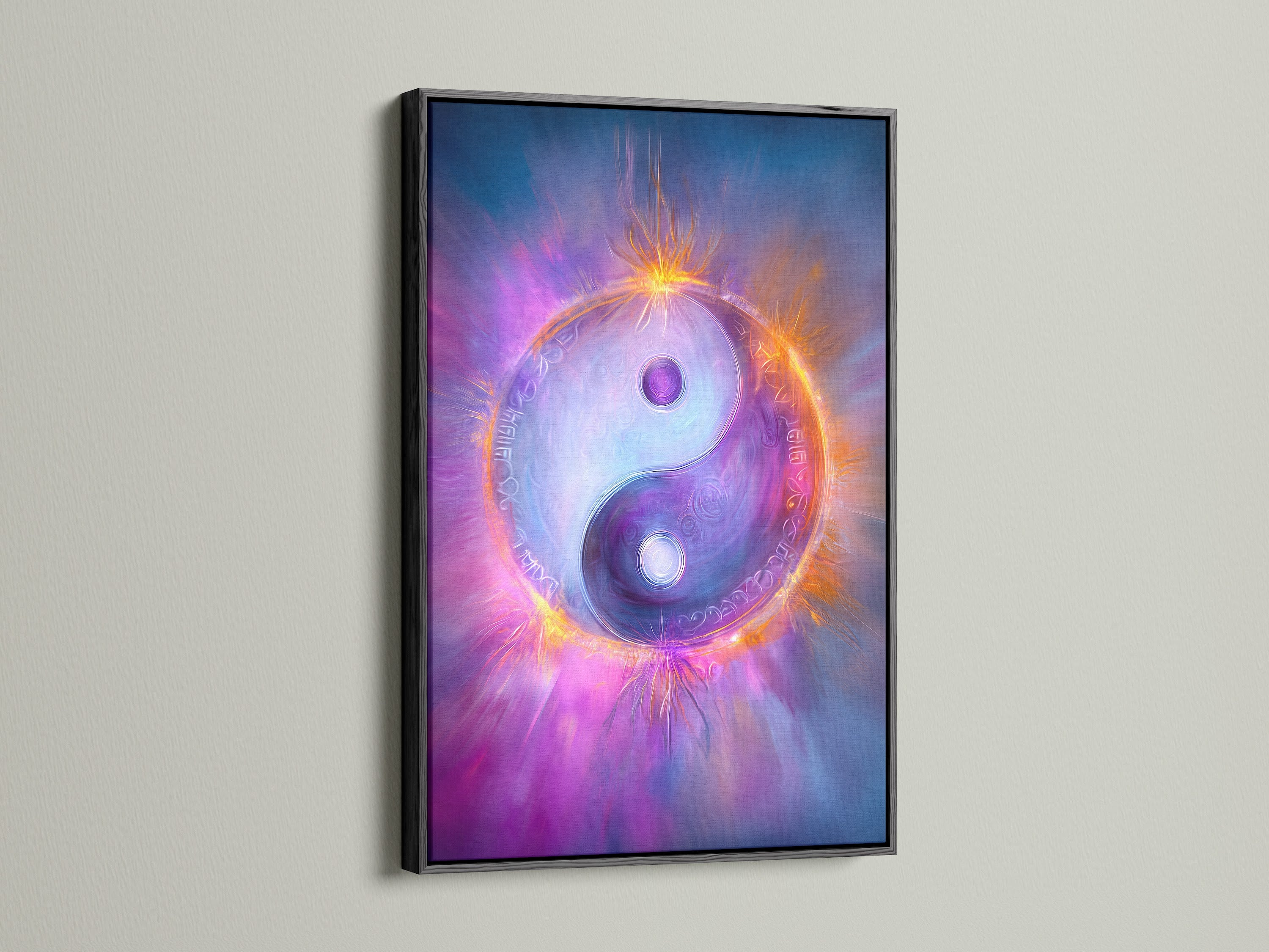A black frame surrounds this Yin Yang artwork. The spiritual art piece promotes energy healing. It's ideal mystical wall decor for balance. The canvas print adds a contemporary style to your space.