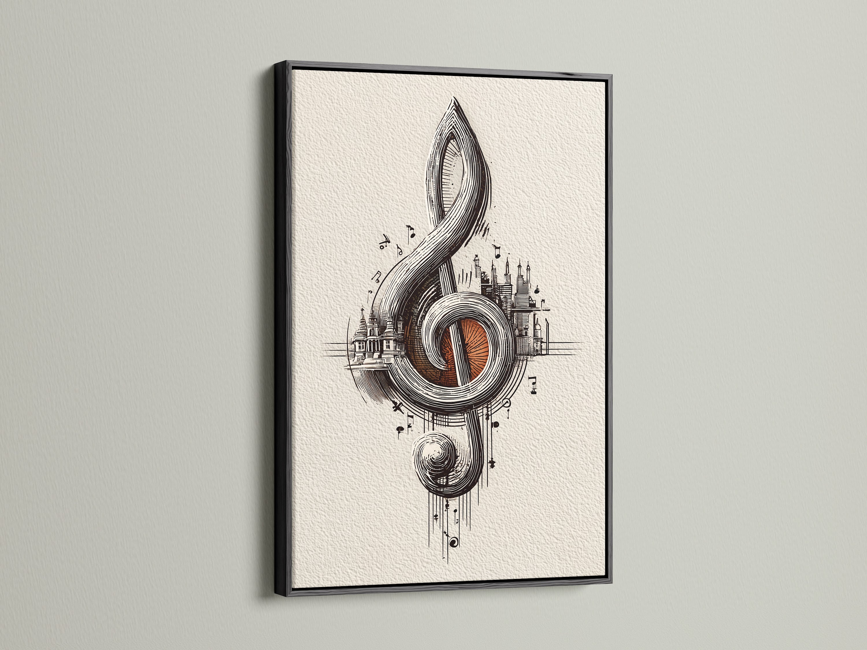 Treble clef art print displayed in a black frame. The black frame provides a bold contrast to the music city wall art. A great musician gift and a striking addition to a music studio. Perfect for classical music enthusiasts.