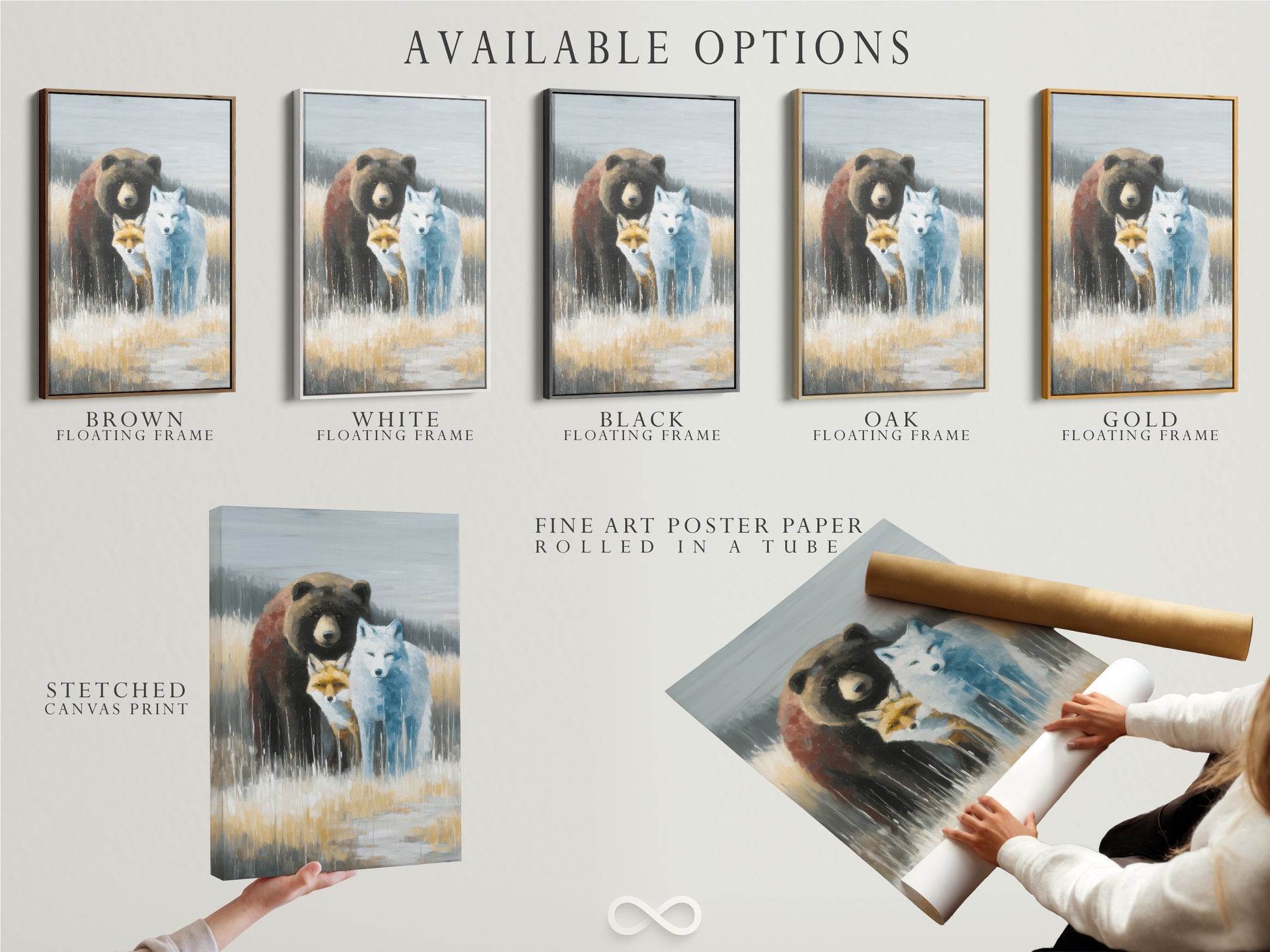 Available options for Wildlife Trio artwork. Choose from a stretched canvas print fine art poster paper or floating frame. Featuring a bear fox and wolf. Neutral tones suit any cabin decor. Ideal for animal lovers and rustic home decor.