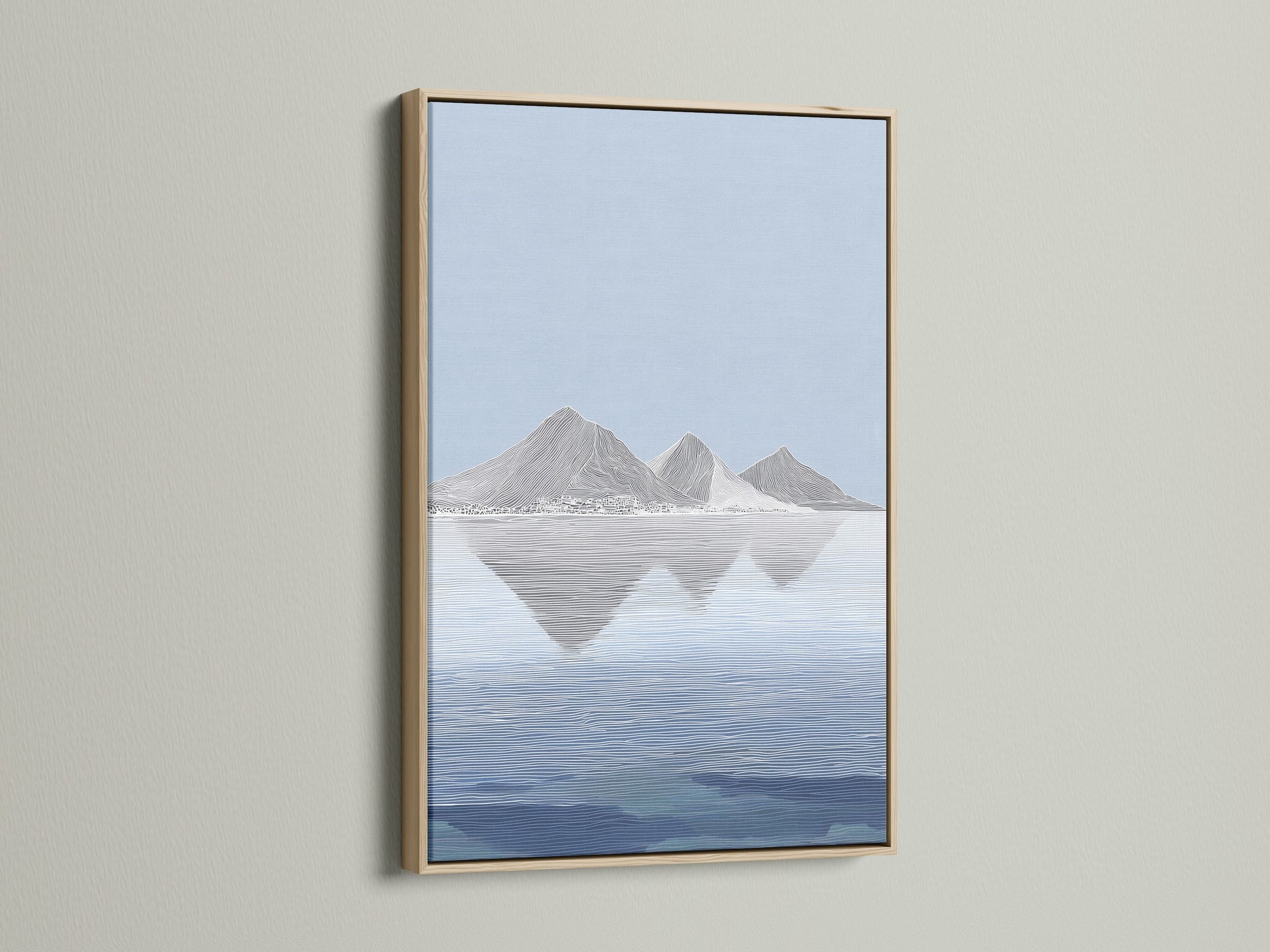 A serene mountain artwork graces a wall in an oak frame. The art captures a tranquil waterscape. The oak frame enhances the artwork's natural beauty. The natural wood frame adds warmth. This piece brings a touch of nature indoors. The frame complements any interior.