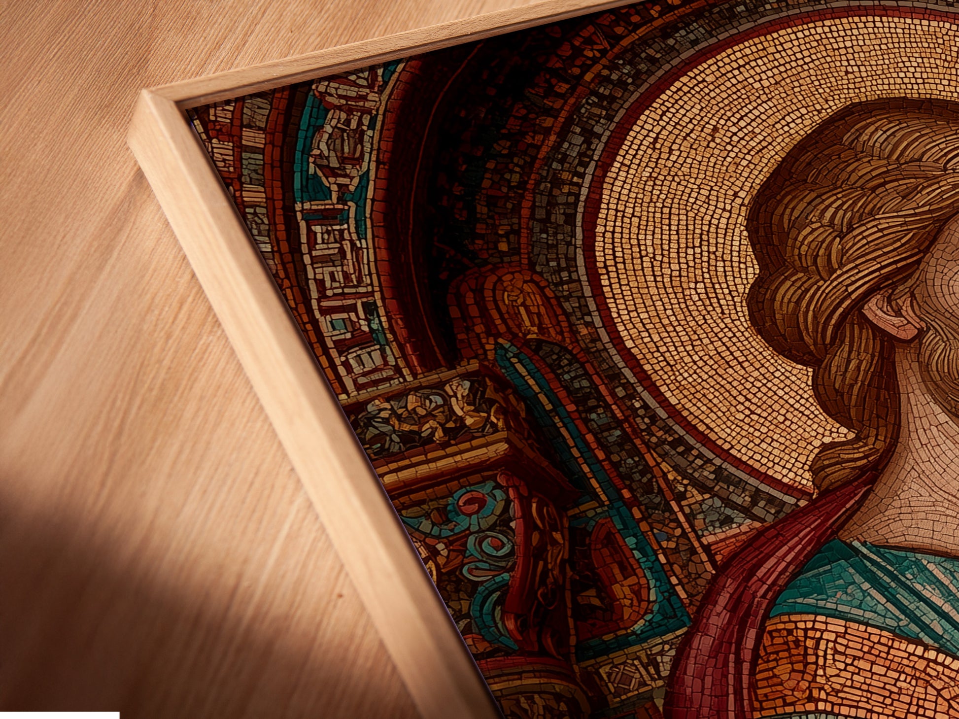 A close-up angled view of a canvas print in a floating frame. The frame enhances the artwork. The artwork features a mosaic-style depiction of a religious figure. Add a touch of elegance to your space.