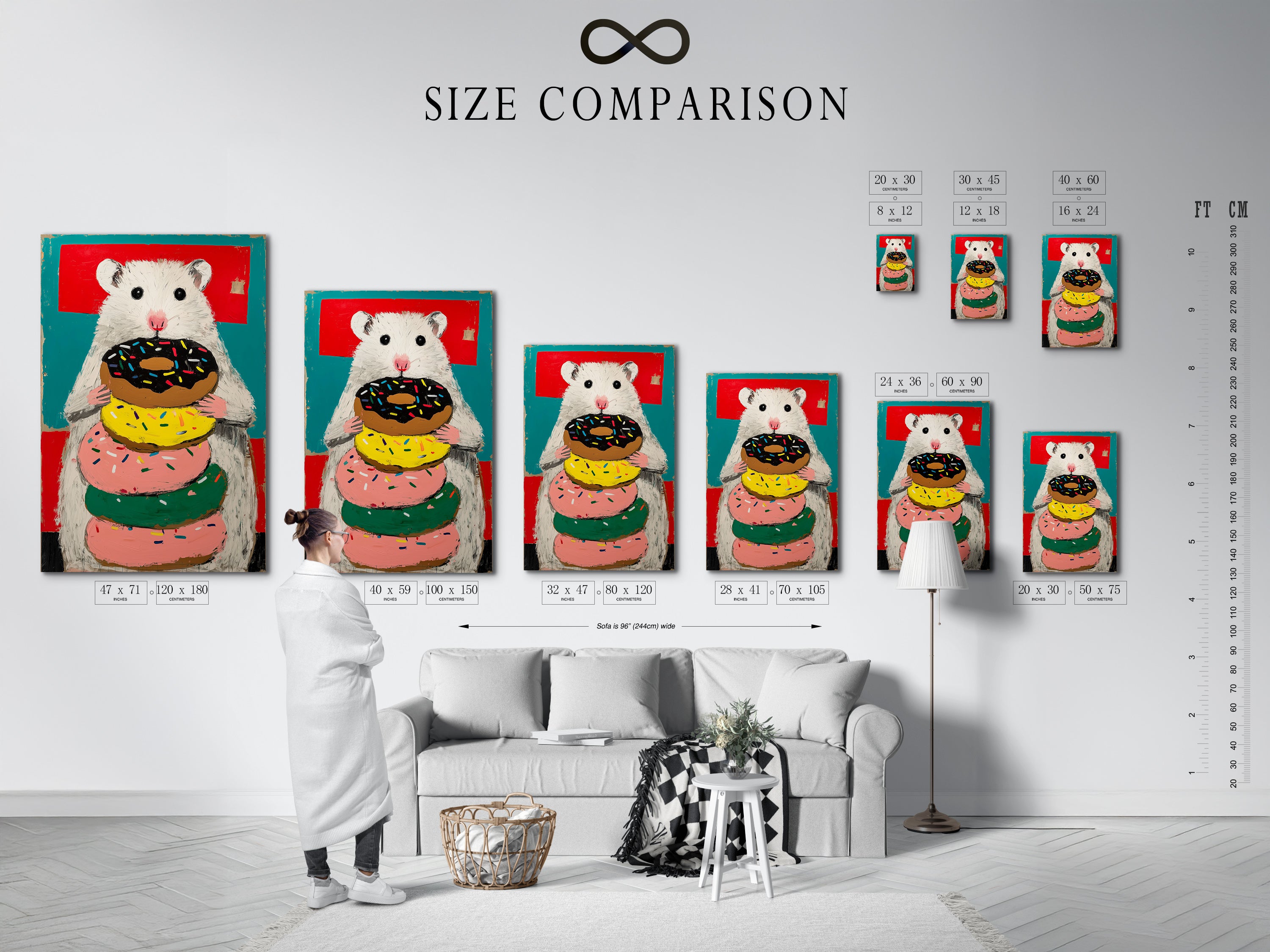 Size comparison chart in interior. See how this hamster with donuts artwork fits in your space. This is a great addition to your home. It is perfect for art collectors looking for playful pieces.
