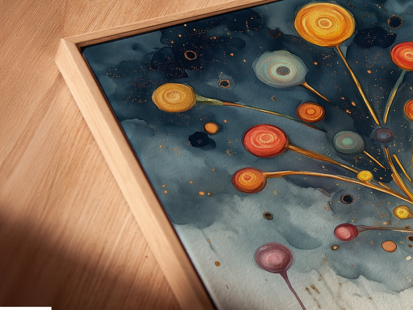 Close-up of a canvas print in a floating frame. This abstract balloon artwork is perfect for modern spaces. The colorful print adds a playful touch to any room. Enhance your nursery or playroom with this whimsical decor. A great addition to kids rooms.