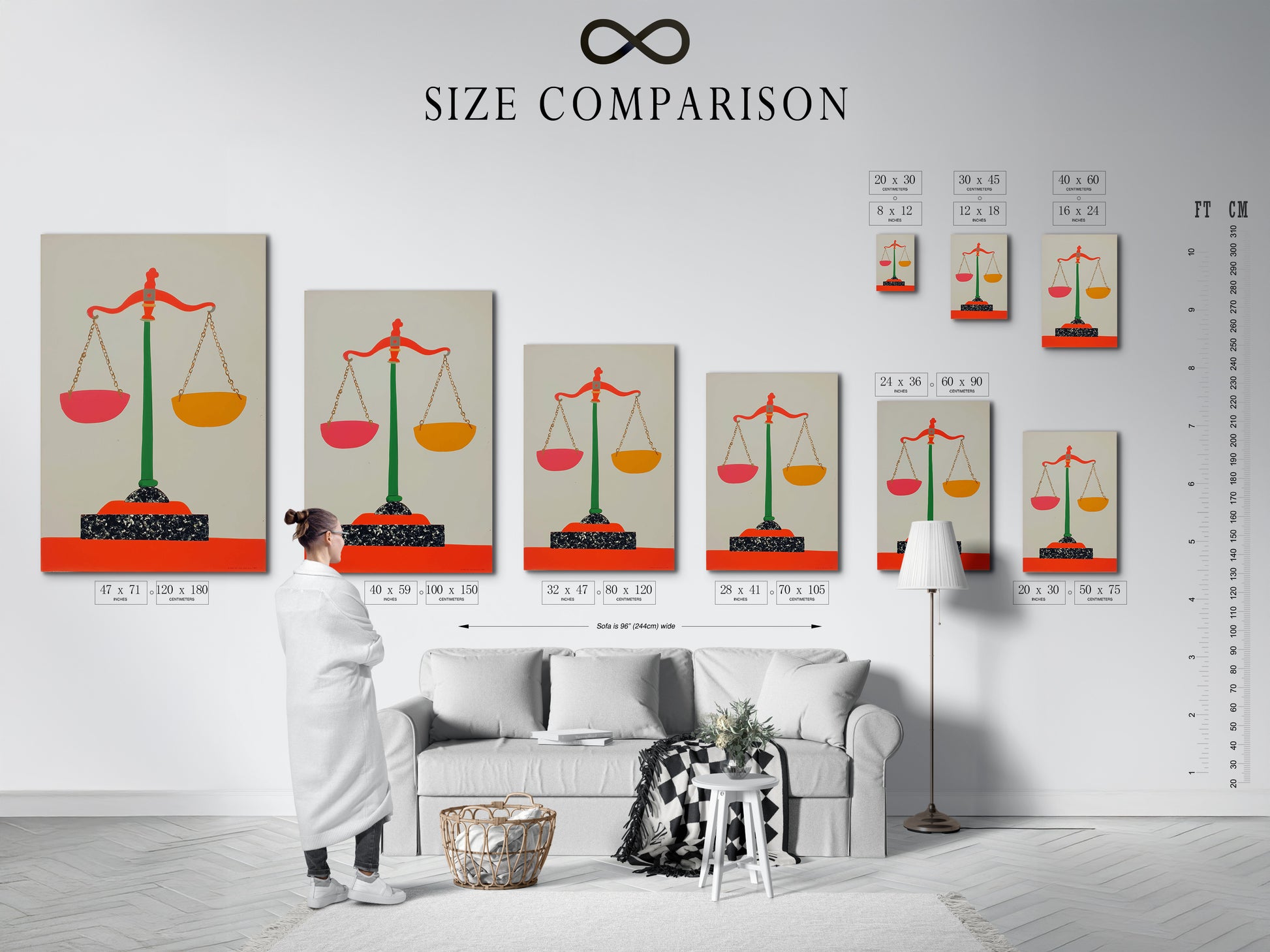 Size comparison chart of the Justice Scales art in an interior setting. See how different sizes of this modern legal wall art fit in various spaces. Visualize the perfect size for your office or study room.