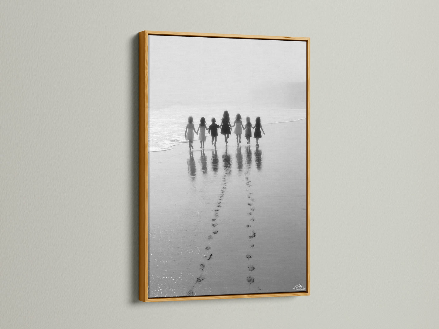 Elevate your space with the Beach Walk artwork in a gold frame. The children print is a beautiful black and white seascape. Ideal for nursery wall decor or coastal artwork. This minimalist art family photo adds a touch of luxury.