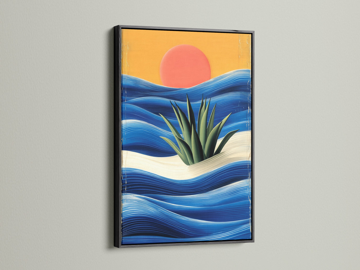 Modern seascape painting with a black frame. This blue ocean art enhances any space. It's great for modern office art. Add a touch of nautical art to your home.