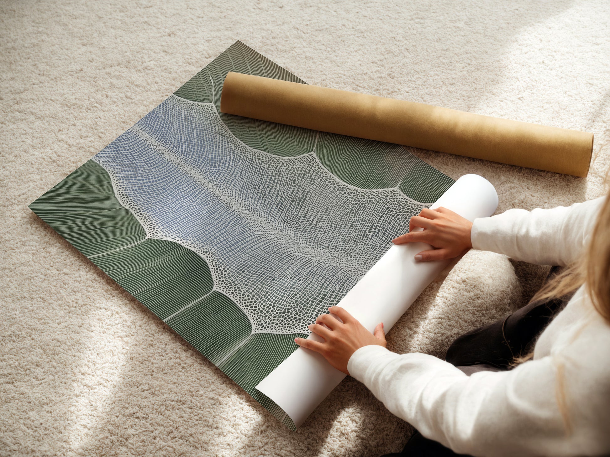 A woman is carefully rolling a fine art poster paper. The paper features abstract tree art. The modern botanical canvas print is ready for framing. It is perfect for home and office decor.