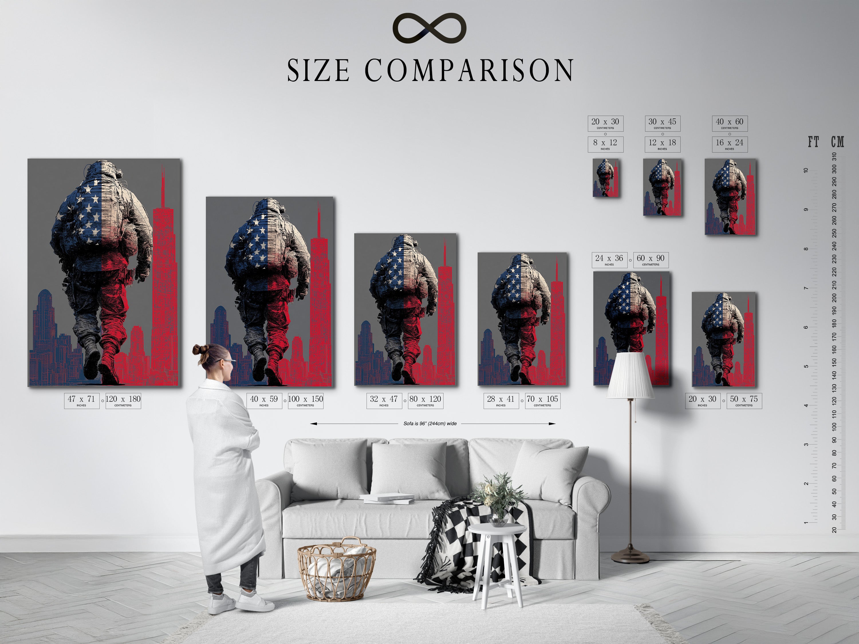 Size comparison chart for the American Soldier artwork. See how the patriotic print fits in your space. Perfect for military wall art or a veteran memorial. Choose the ideal size today.