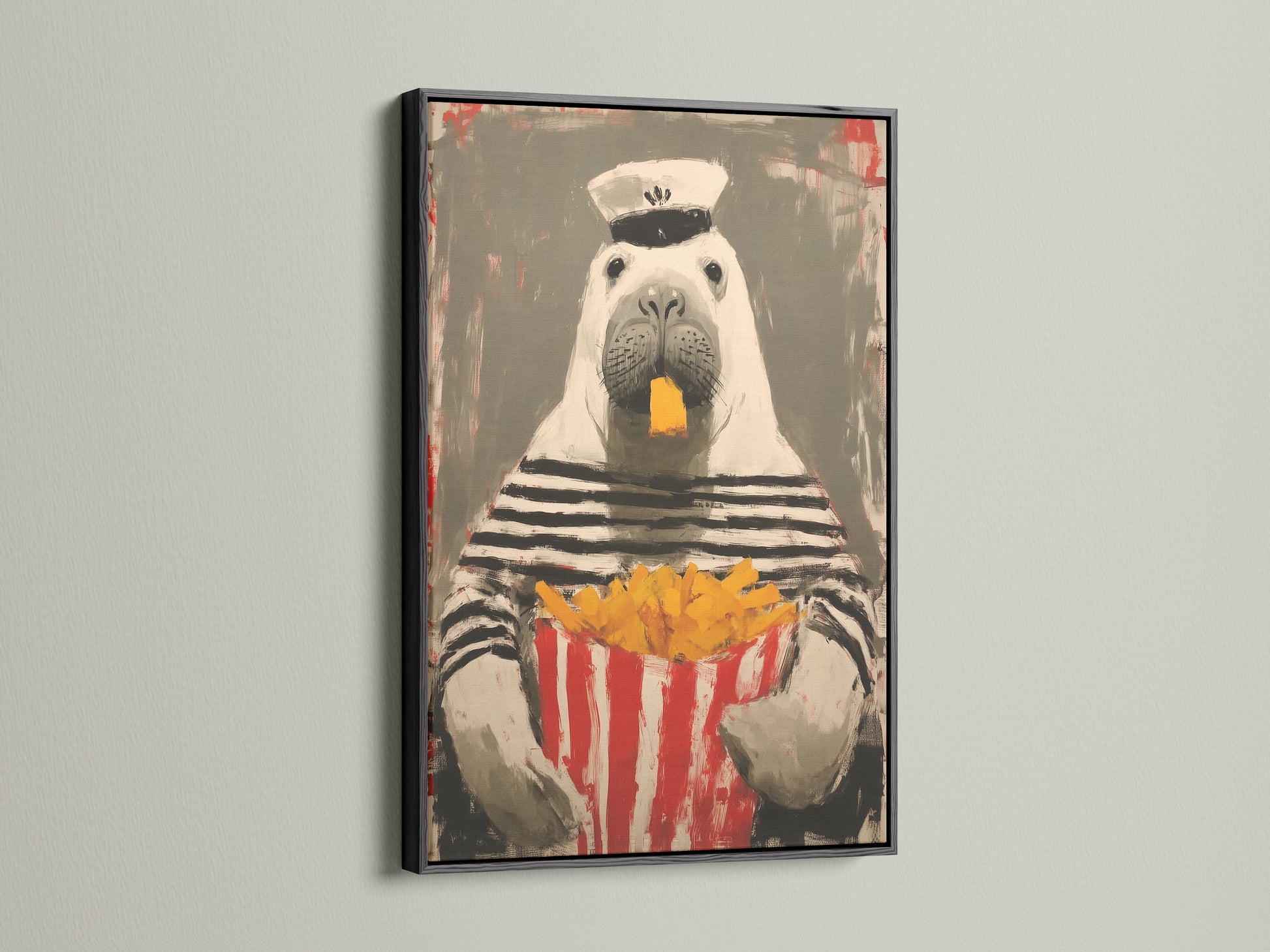 The sailor walrus artwork is framed in black. The dark frame adds a touch of sophistication. This funny animal art is perfect for a modern aesthetic. Consider this unique piece for your home or office.