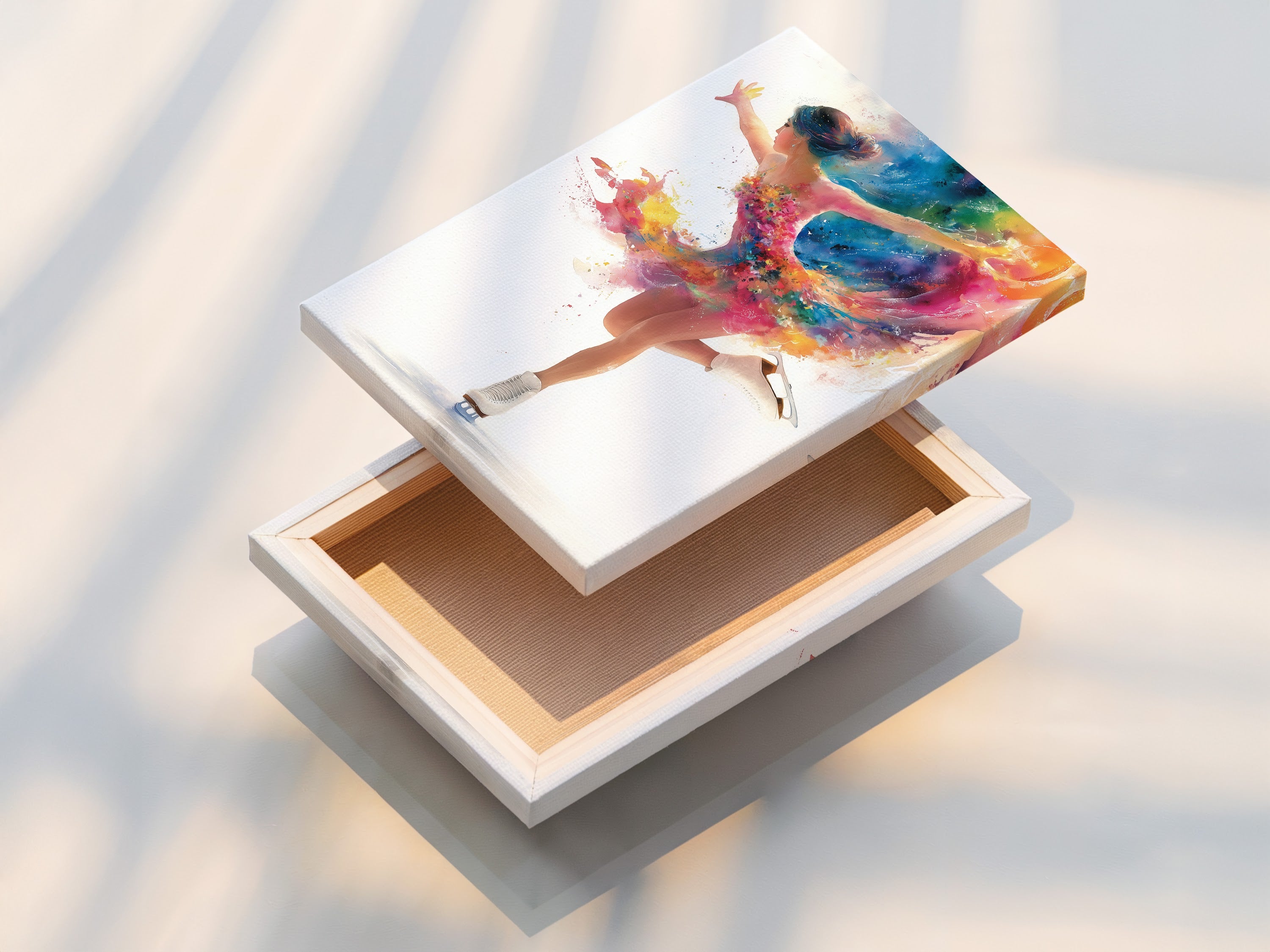 The image shows a stretched canvas print of the dancing girl art. The artwork is ready to hang and enjoy. The colorful abstract dancer wall art adds vibrancy to any space. Ideal for adding a contemporary style to your home.