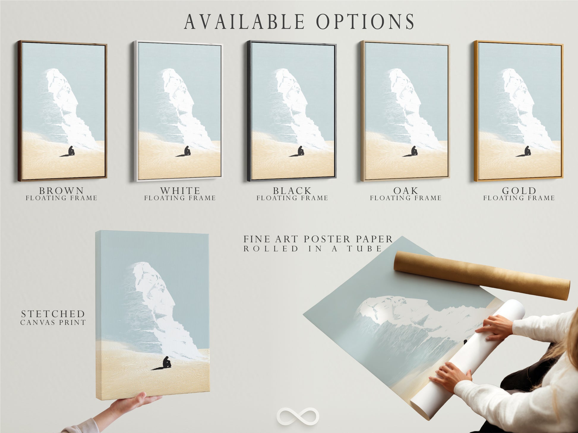 Explore available options for the Desert Dream artwork. Choose between a stretched canvas print. Fine art poster paper and a floating frame are available. Customize your artwork to fit your style. Enhance your space with the perfect art.