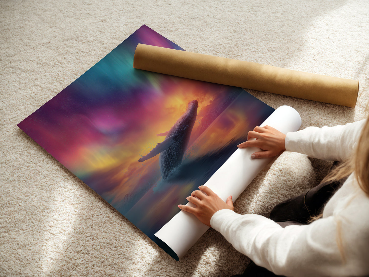 A woman is carefully rolling a fine art poster paper. The paper is high-quality ensuring vibrant colors. Perfect for preserving your artwork. Ideal for art collectors and creators. This demonstrates care in handling fine art prints.