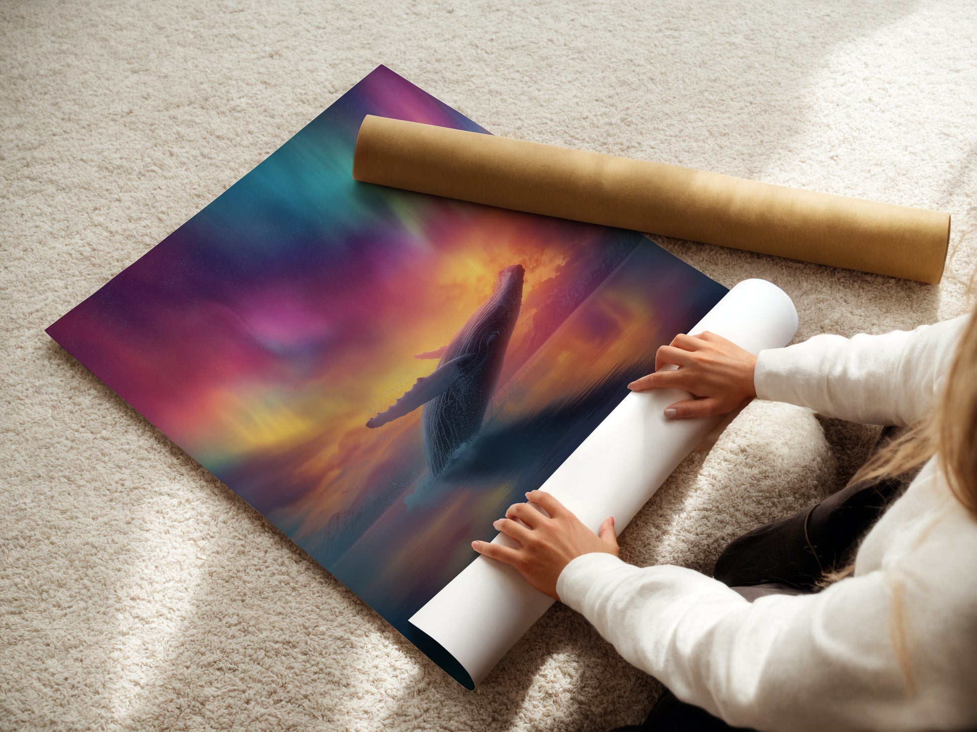 A woman is carefully rolling a fine art poster paper. The paper is high-quality ensuring vibrant colors. Perfect for preserving your artwork. Ideal for art collectors and creators. This demonstrates care in handling fine art prints.