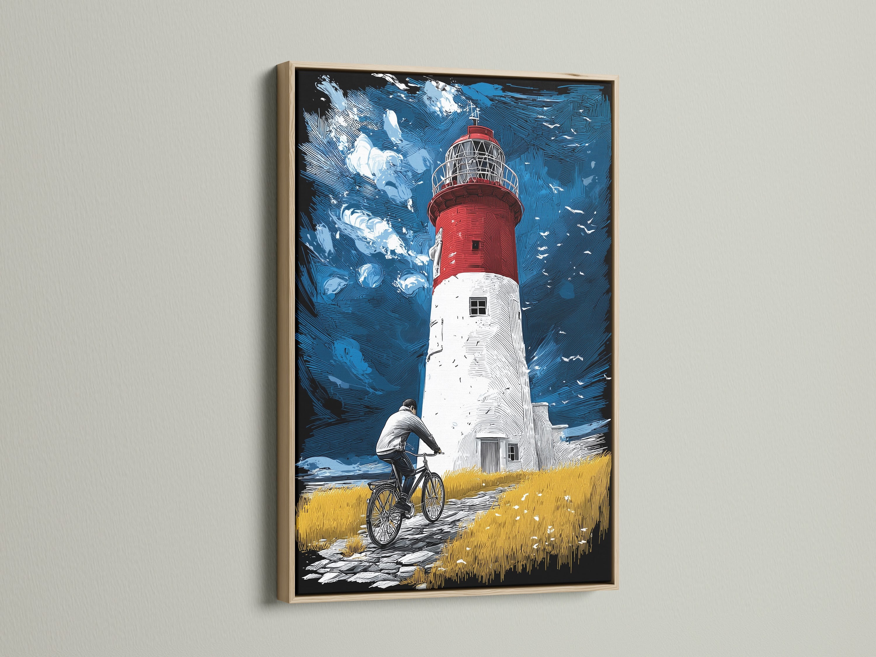 The coastal artwork features an oak frame. This frame enhances the nautical artwork's natural beauty. The lighthouse art is beautifully complemented by the oak frame's warm tones.