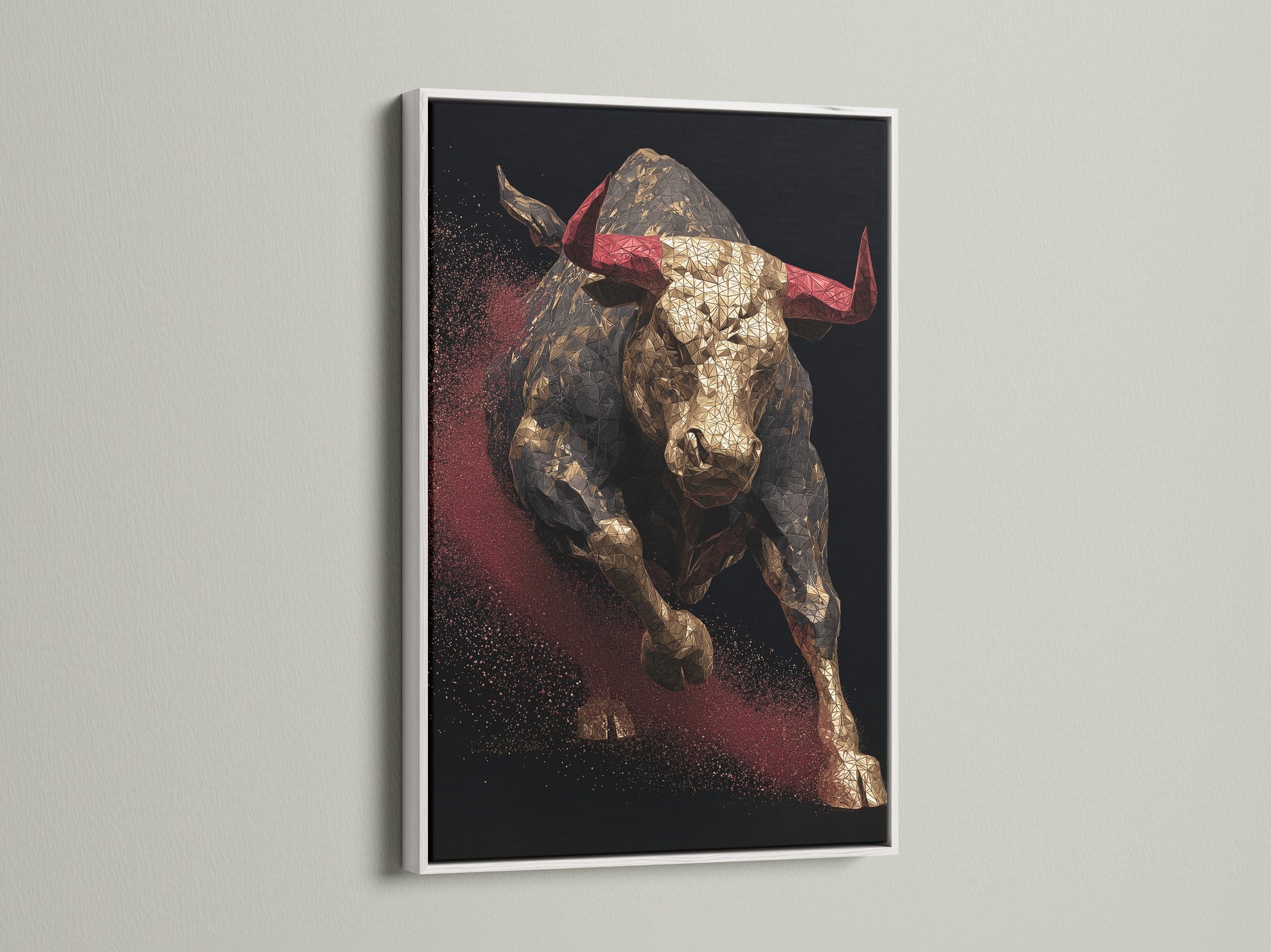 Artwork featuring a bull with red horns. The art is displayed in a white frame. The white frame enhances the artwork. Perfect art to showcase in your home or office. Great art for any room in the house