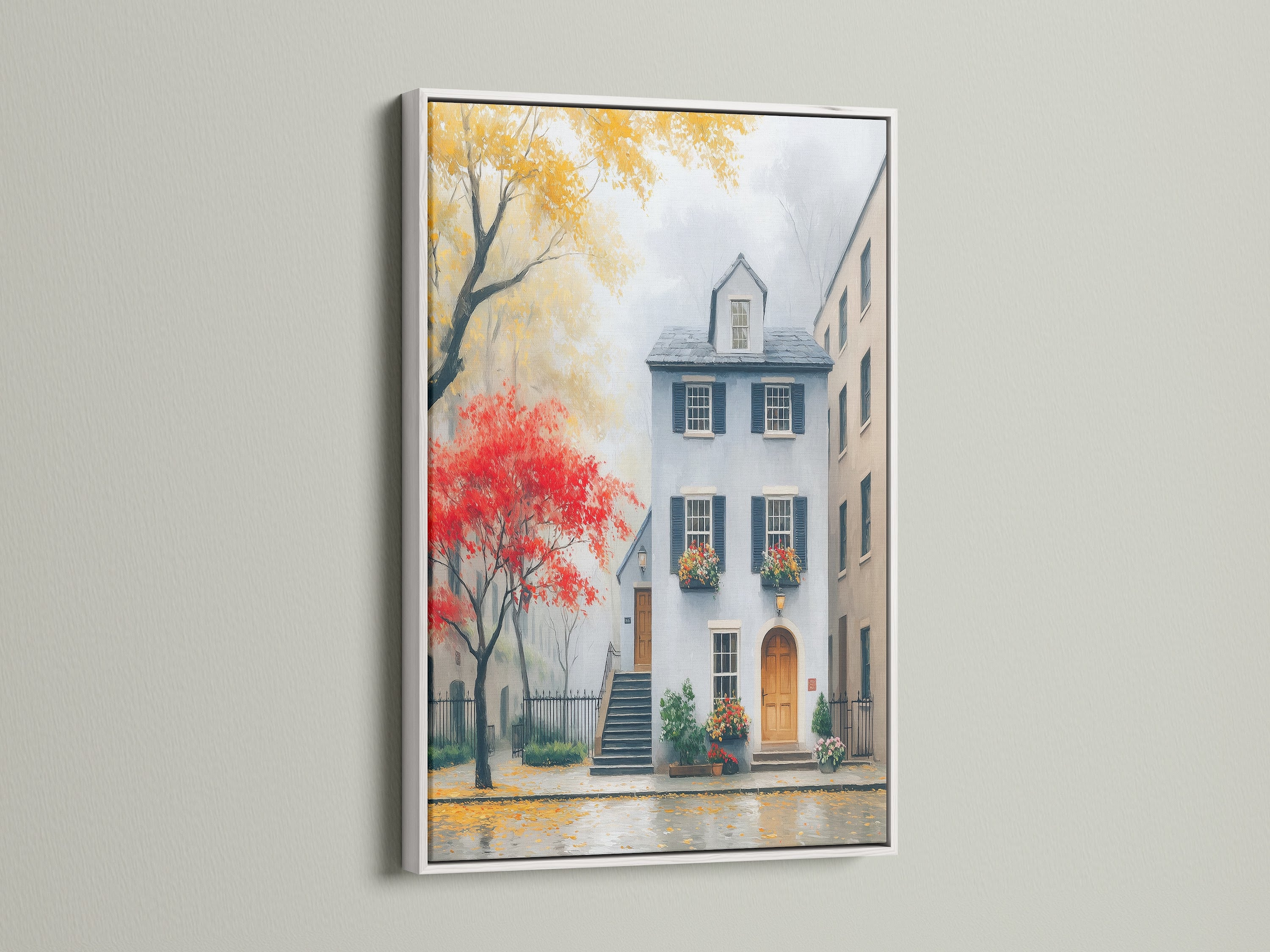 White frame presents Charleston architecture artwork. This cityscape canvas enhances any room. The print features a historic building with autumn street art. Brighten your office wall art with this stunning piece. Enjoy the urban landscape and colorful art.