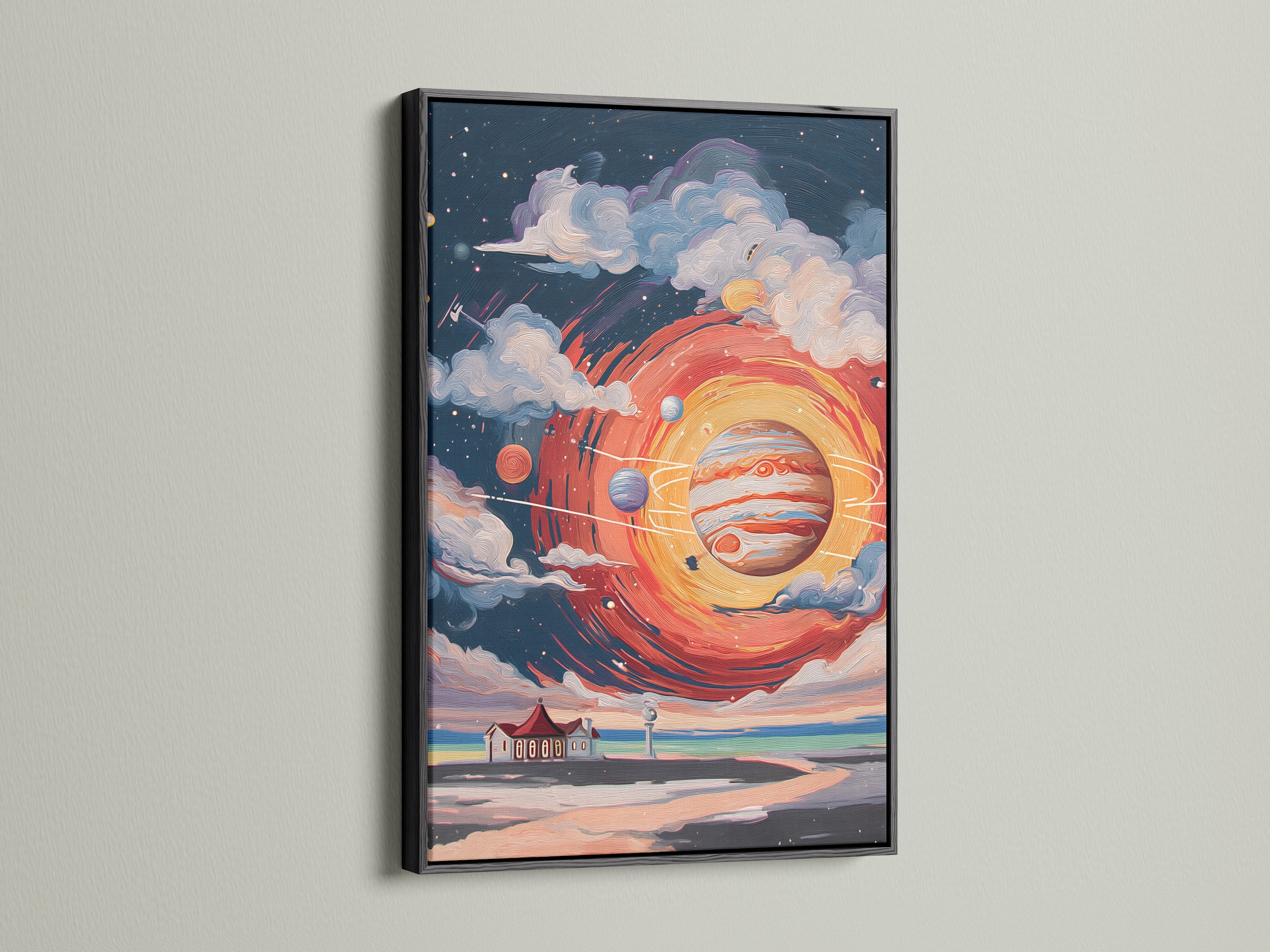 Here is the cosmic lighthouse wall art in a black frame. This space art print offers a sleek modern look. The solar system artwork enhances home offices libraries and creative spaces.