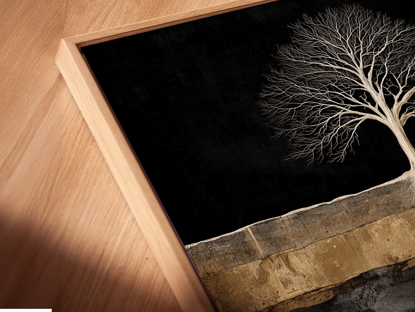 A close-up angled view reveals a canvas print in a floating frame. The Tree of Life artwork appears to hover adding depth to the nature wall decor. This unique framing style enhances the modern minimalist nature artwork for bedroom decor.